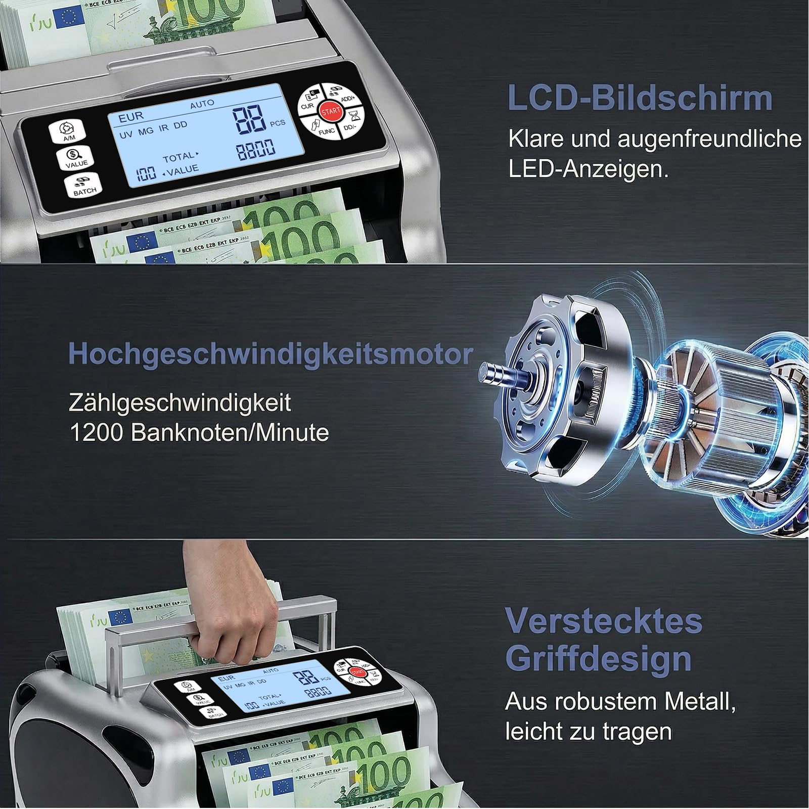 Aneken K08 Geldzählmaschine mit 3,8" Großem LCD & Value Display, 6-fach UV/MG/IR/DD/VI/FA Falschgelderkennung, Addieren/Batch-Modus, 1200 Scheine/Min., einfache Bedienung, für EUR/USD