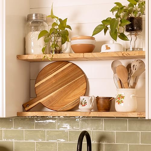 Vista 24 de Tabla de cortar de madera de acacia y tabla de cortar con mango para carne, tabla de queso, verduras, pan y embutidos – Tabla decorativa de madera