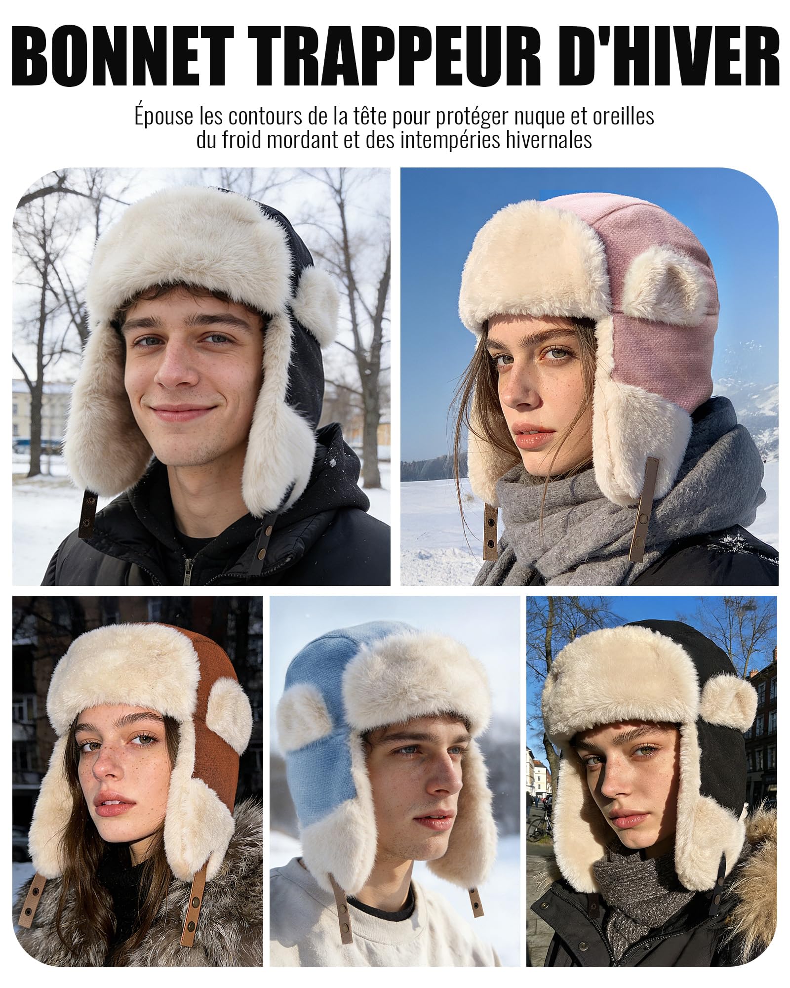 CLAPE Chapeau de Trappeur d'hiver Unisex Chapka Warm Winter Trapper Hat Bonnet de Russie en Fausse Fourrure Outdoor Bomber Hats