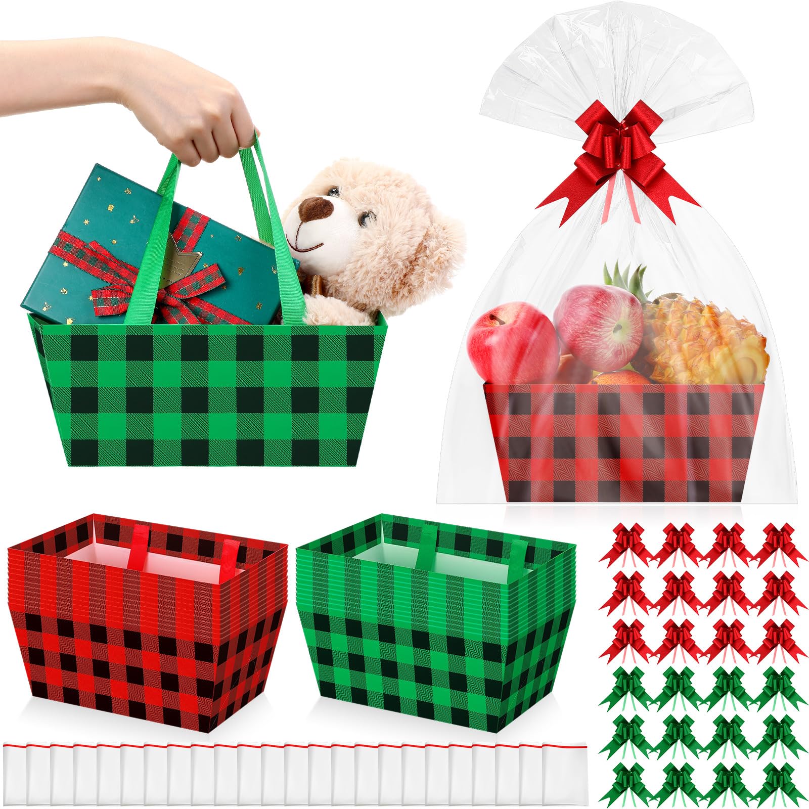 24 cestas de Navidad para regalos, kit de cesta de regalo vacía con 24 bolsas de plástico y 24 lazos, paquetes de regalo de bricolaje de 9.8 x 6.5 x 4.3 pulgadas, cesta de cartón para cumpleaños de