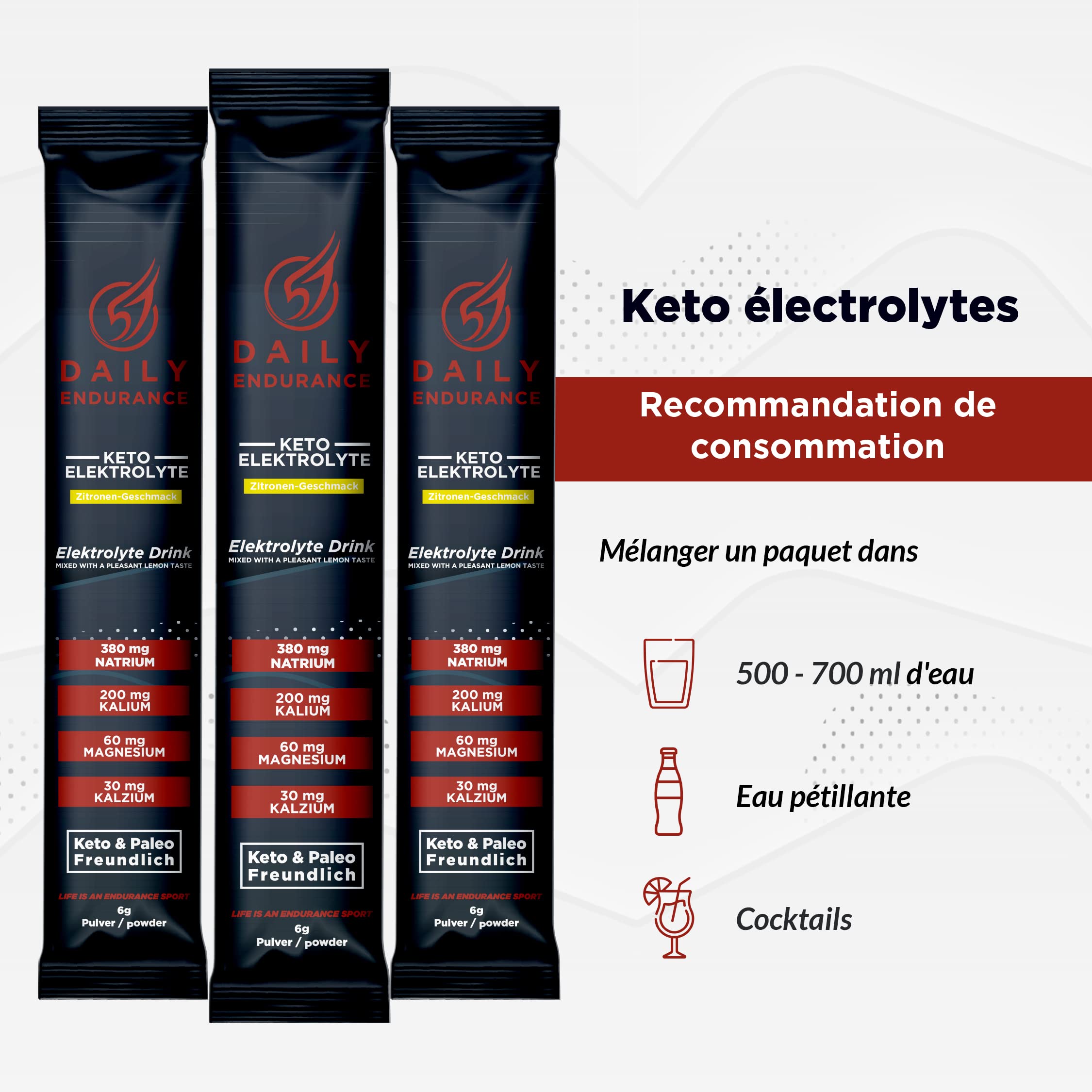 Keto Electrolyte | Favorise l' hydratation et la récupération | Low Carb, Keto & Paléo | Pas de sucre & Poudre végétalienne pour boisson energisante | 30 stick packs