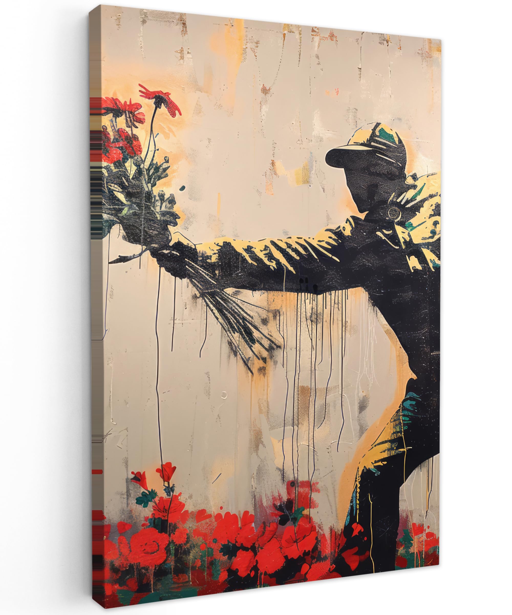 MuchoWow© Wandbilder 60x90 cm Wohnzimmer Wanddeko Schlafzimmer Zimmerdeko Wandgemälde Zimmer Deko auf Wand Dekoration Wall Art Street art - Mann - Blumen - Rot - Graffiti - Banksy
