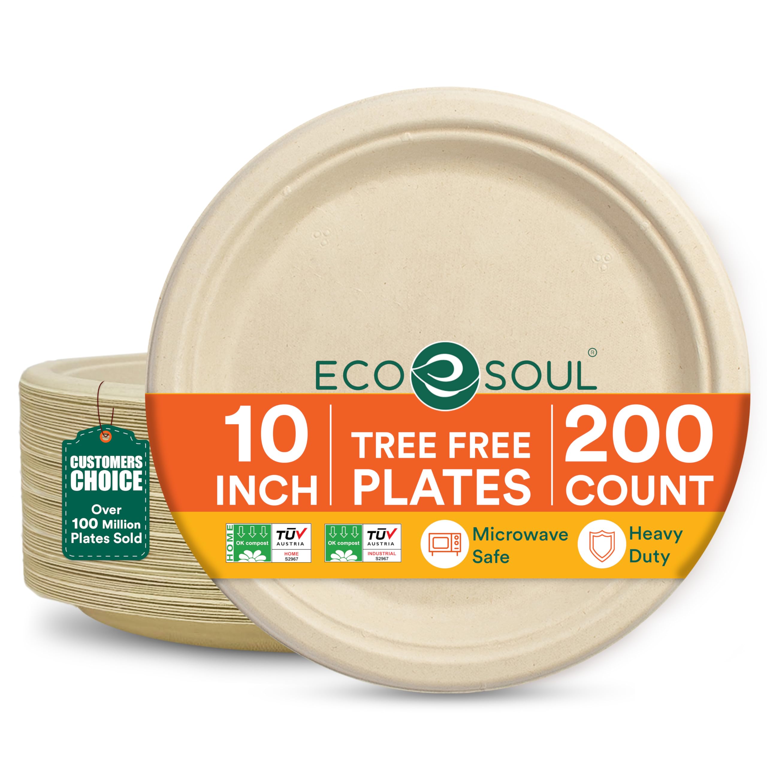 ECO SOUL 100% Compostable 10 Inch Paper Plates 200 [2x100 Pc] Disposable Party Plates I Heavy Duty Eco-Friendly Sturdy Dinner, Wedding, Event Plates I Biodegradable Unbleached Sugarcane Eco Plates