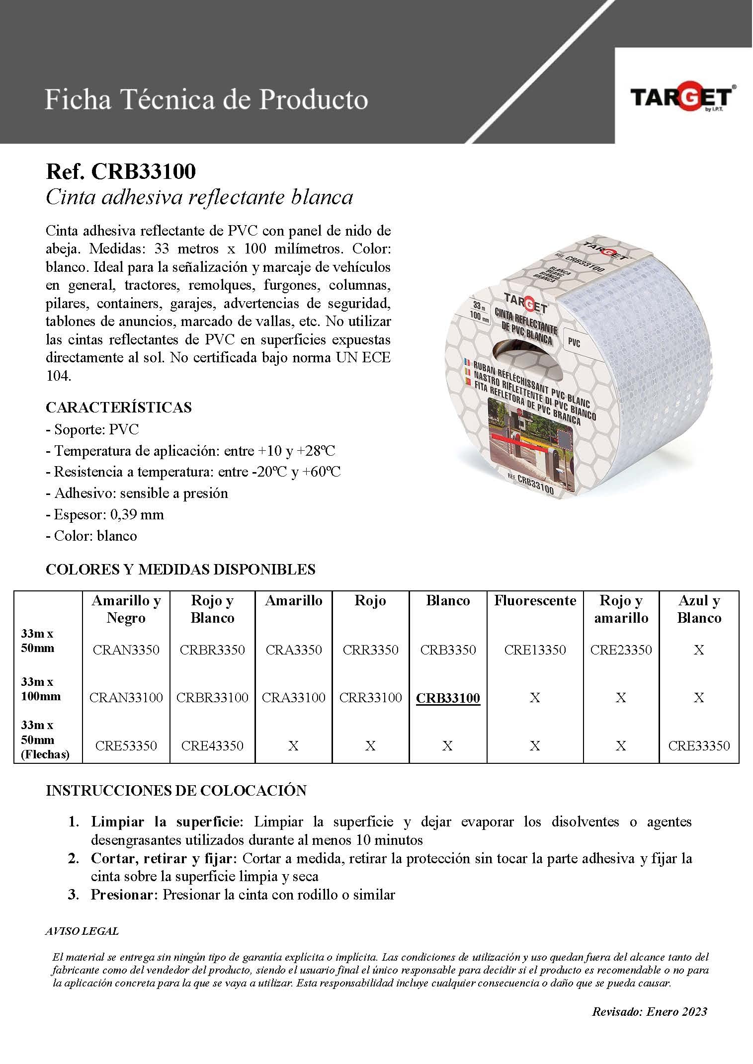 TARGET CRB33100 - Cinta Reflectante - Adhesiva - 33 M x 100 mm Blanca - Advertencia - Señalización - Marcaje - Extra Ancha - Peligro - Seguridad