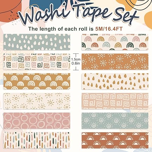 Miniatura 2 de 12 rollos de cintas Washi Groovy Boho Washi con diseño de cara de sonrisa de arcoíris, cintas adhesivas decorativas coloridas para álbumes de