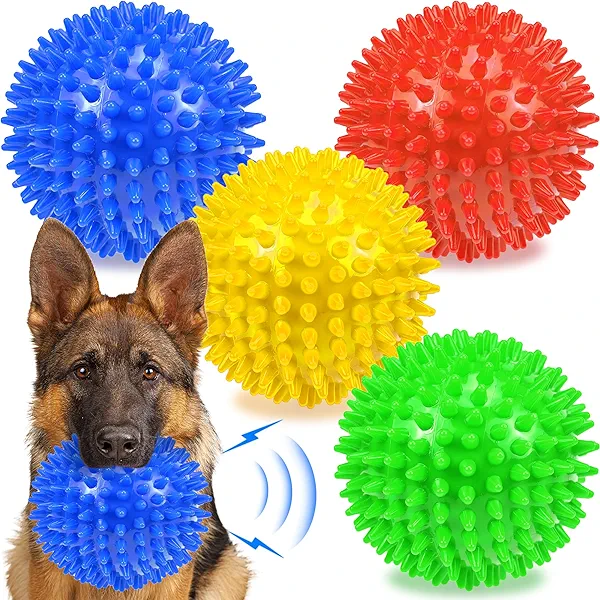 Ousiya Dog Balls 4.5” Squeaky Dog Toys Spikey Ball for Aggressive Chewers Heavy Duty Teething Large Medium Durable Dogs Balls (4 Pack)