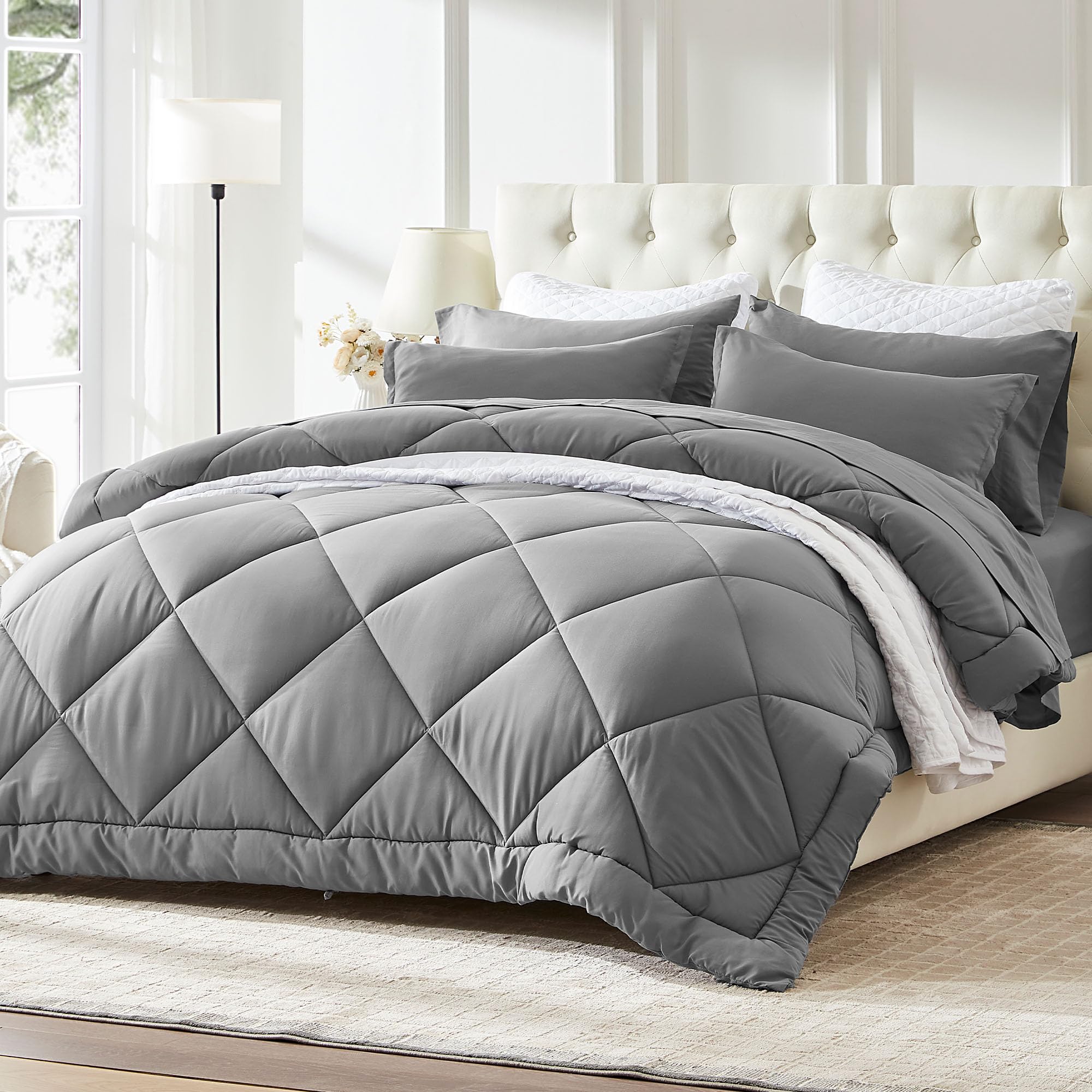 Sonive Comforter Set with Pillowshams 200gsm Down Alternative Filling Bedding Duvet Insert with 8 Corner Tabs for All Season Soft Double Brushed Microfiber (Grey,Full)