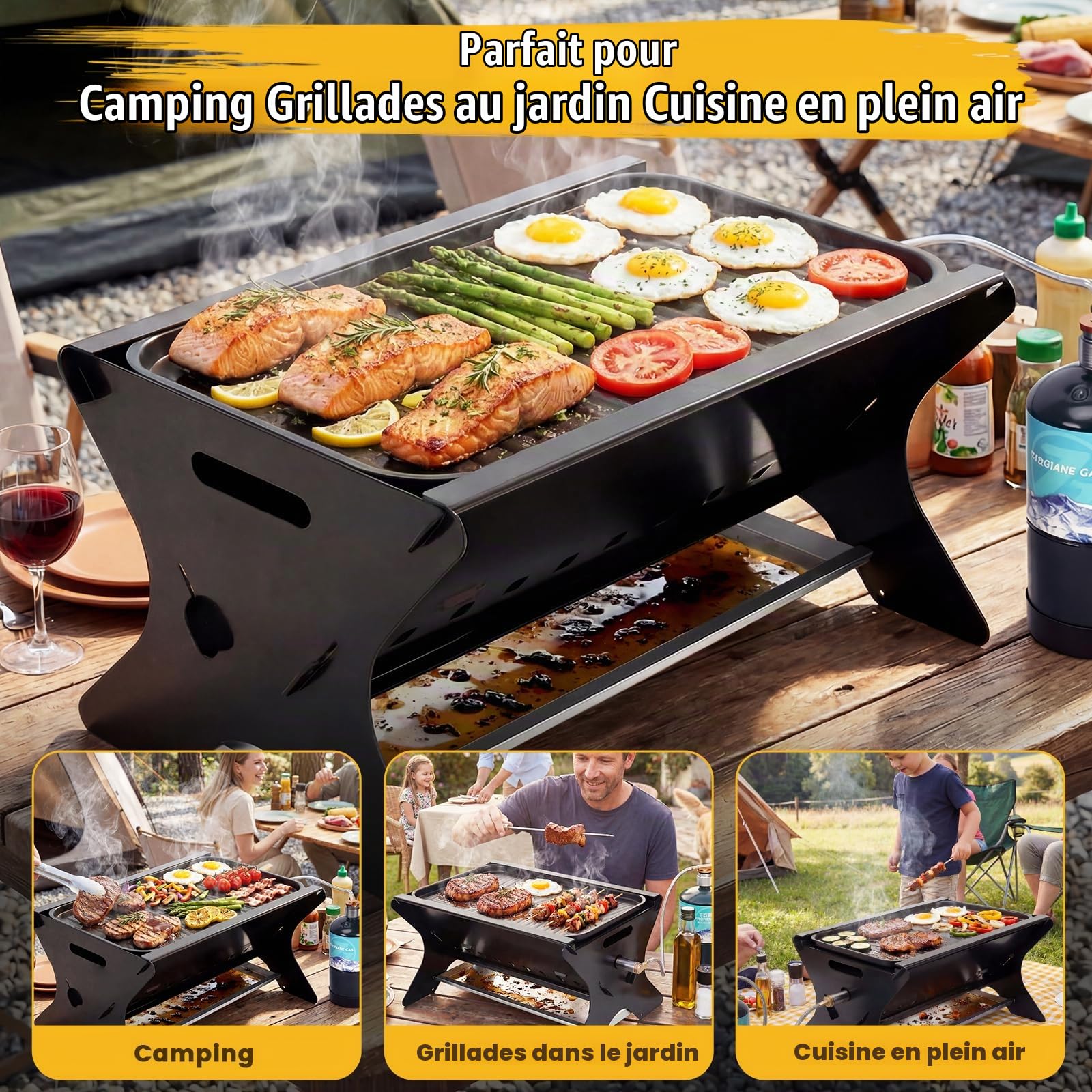 GFTIME Barbecue à gaz portable avec système d'emboîtement, fonctionne au gaz et au charbon de bois - Avec plaque de cuisson en fonte, sac de transport, barbecue à gaz mobile, parfait pour le camping