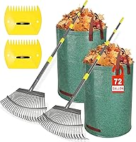 DUUKFE 2-Pack 18" Heavy Duty Metal Leaf Rakes with 72-Gal Bags, Scoops & 73" Adjustable Handles - 25 Tines for Lawn Yard Cleanup