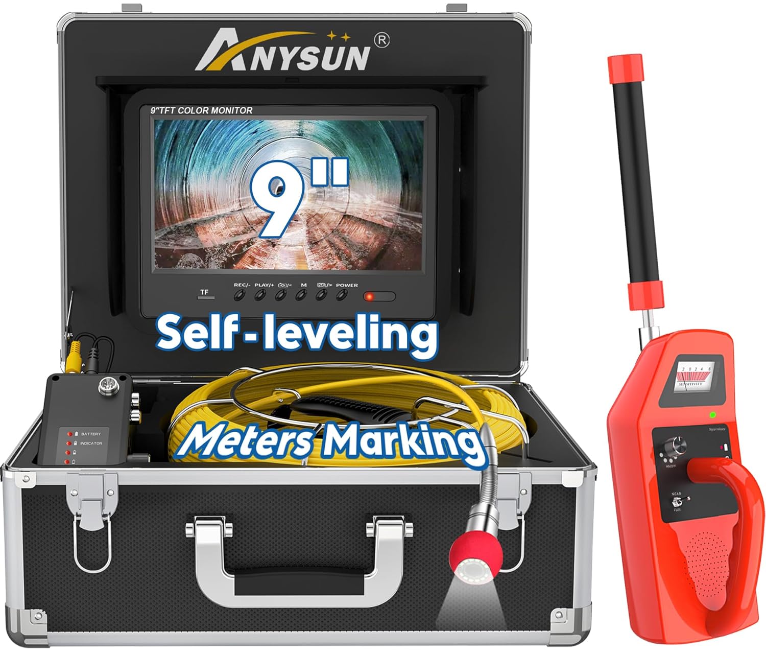 Anysun Self-Leveling Sewer Camera with Locator, 9'' Pipe Drain Inspection System, 100ft Meter Marker Cable, DVR, 12 Adjustable Lights for Plumbing Snake