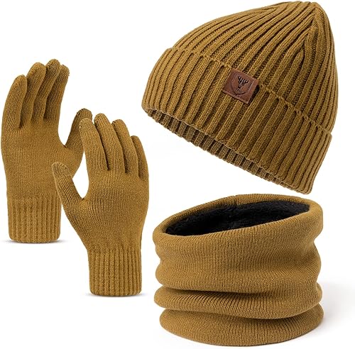 Juego de guantes de invierno para pantalla táctil para hombres y mujeres gorro de punto con forro polar cálido