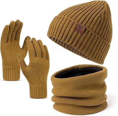 OZERO Mens 3 in 1 Winter Knit Warm Hat Beanie Neck Warmer and Touch Screen Gloves Set Skull Caps Scarf and Thermal Gloves for Women Brown