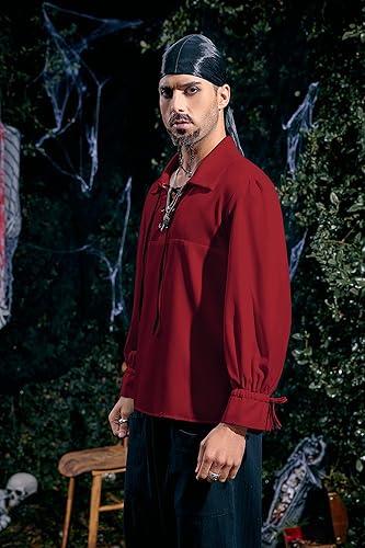 Miniatura 3 de Camisa de pirata medieval para hombre, vikingo, renacentista, con cordones, mercenario, Halloween, jacobita escocés, ghillie