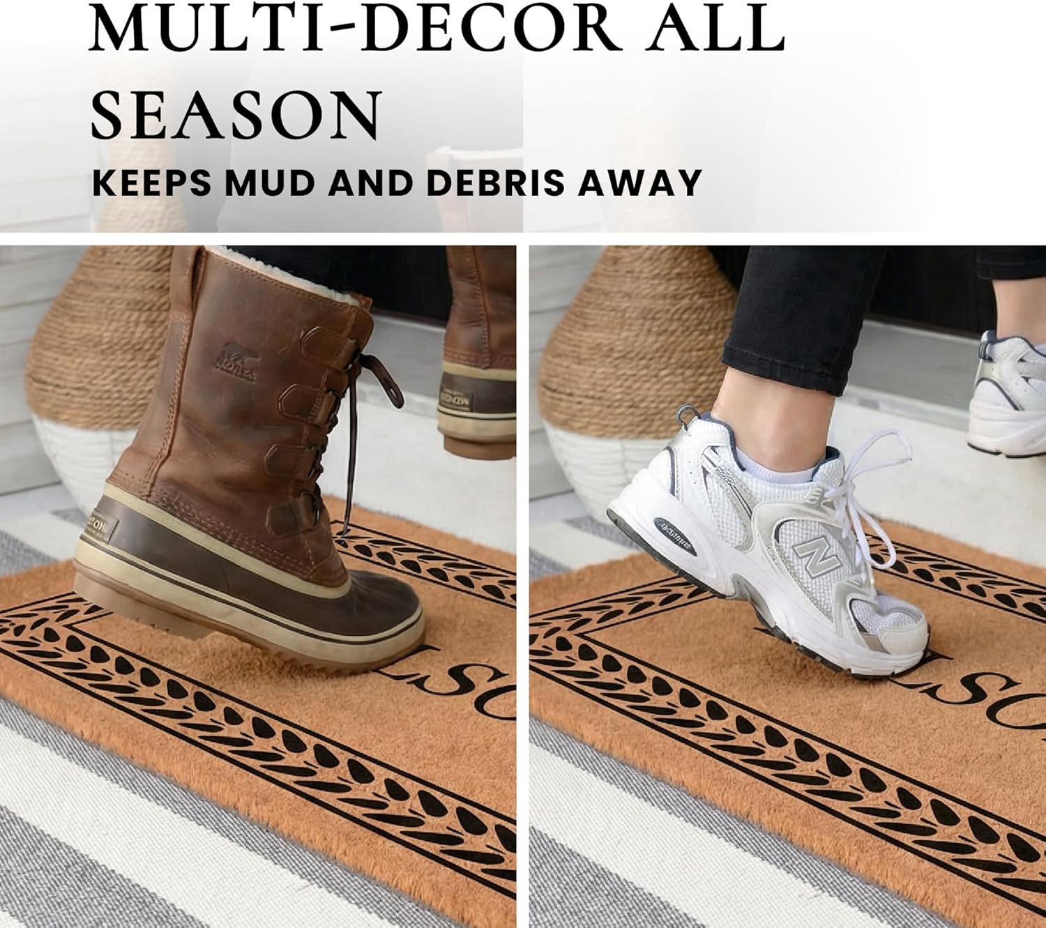 COCO MATS 'N MORE Coco Coir Door Mat – Personalized Outdoor Welcome Mat, Front Porch Mat with Vinyl Backing & Heavy-Duty Dirt-Trapping Bristles, (22" x 36" | Black | Leafy Vine | Made in USA)