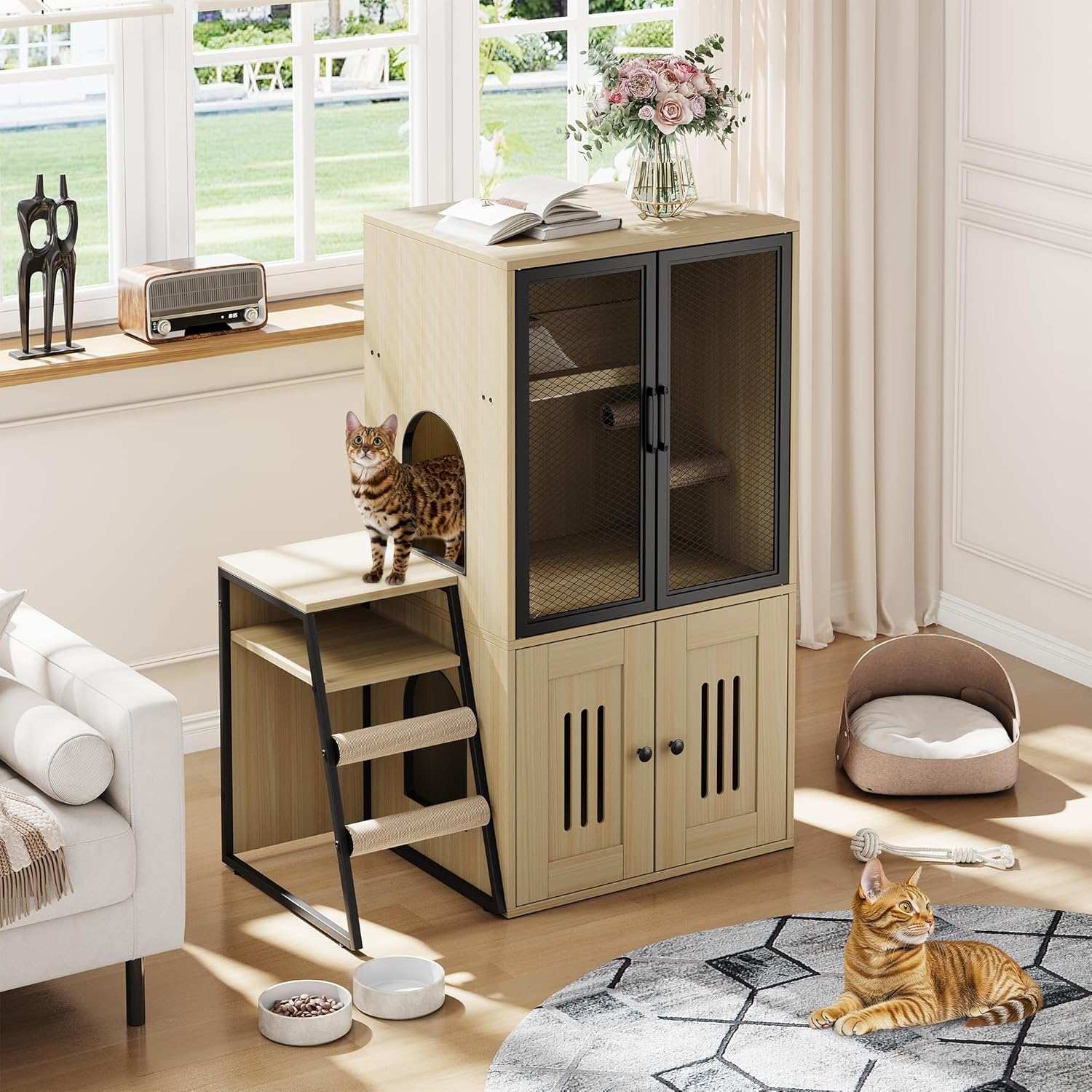 Double Tier Cat Litter Box Enclosure Furniture – Hidden Storage Cabinet with Doors, Ladder, Hammock, Metal Mesh Door – Indoor Cat House, Dog Proof, Large Capacity – Wood Color