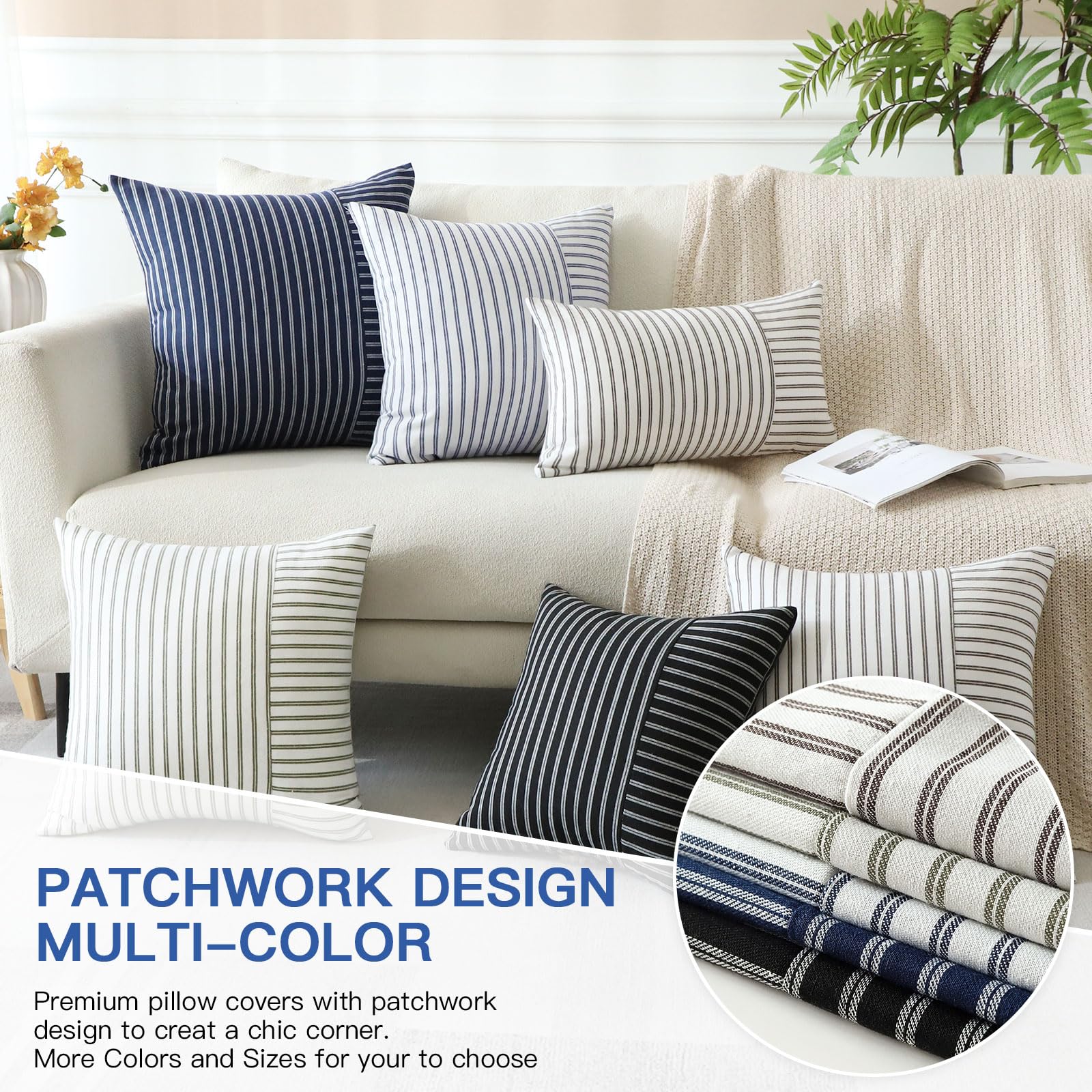 Merrycolor Set di 2 Marina Copricuscini Divano 45x45 cm, Patchwork Morbida Federe Cuscini Divano, Zip Nascosta Fodera per Cuscino Decorativo per Auto Giardino Campeggio Soggiorno Camera Letto