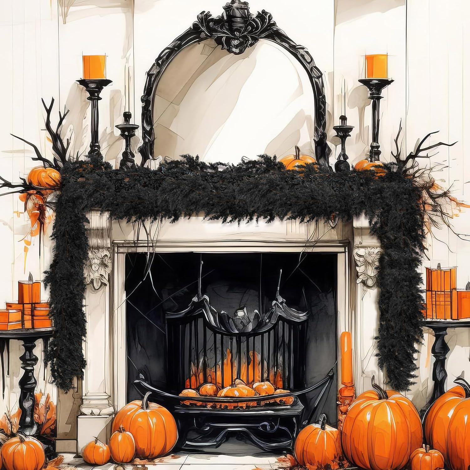 XunYee Black Garland 6 Feet Spooky Cedar Garland Mantel Fireplace Artificial Faux Trailing Realistic Gothic Hanging Vine Twigs for Thanksgiving Party Outdoor Indoor Home Decor - Image 2