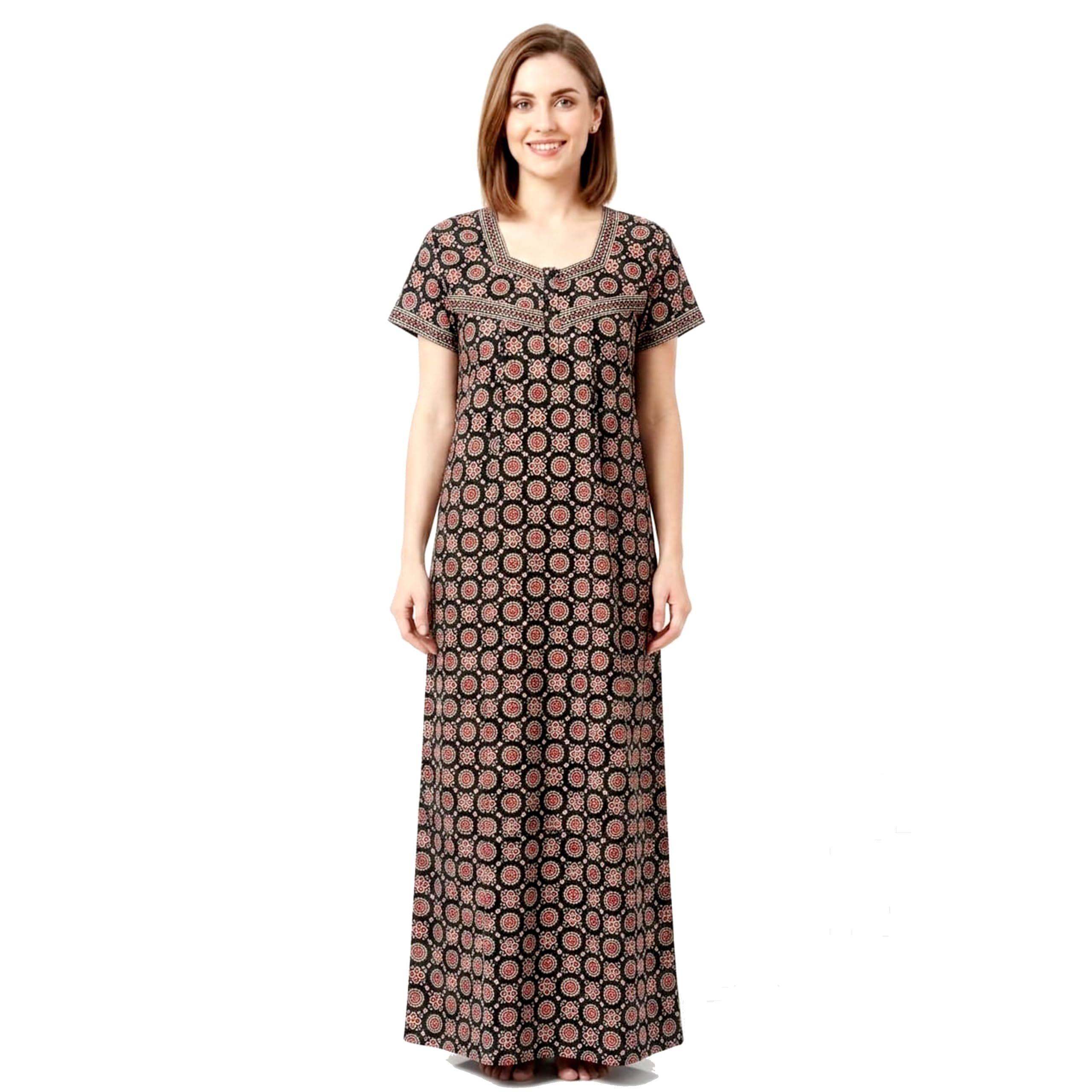 Women's 100% Cotton Printed Nighty, Full Length Black-image-17