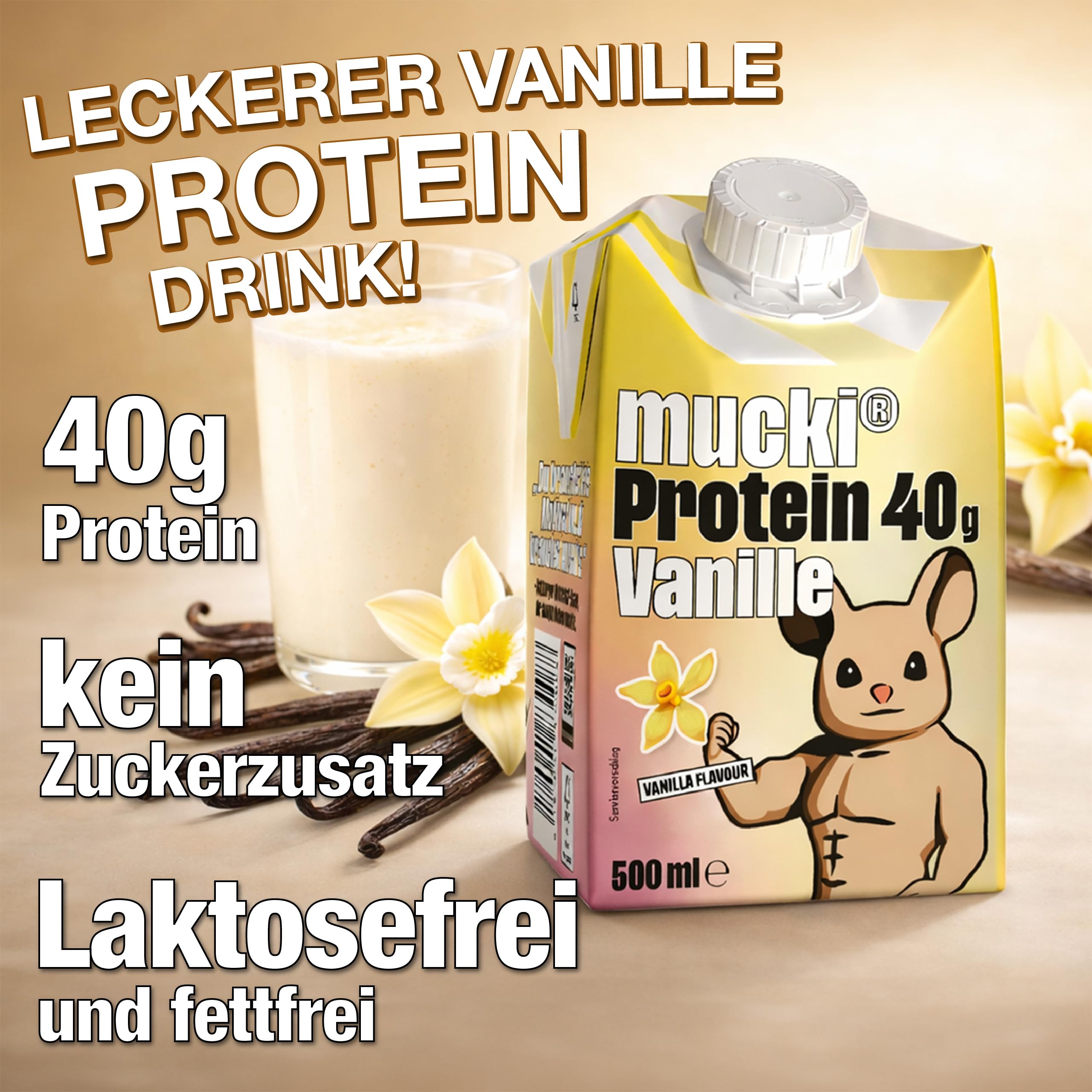 mucki PROTEIN DRINK VANILLE – Protein-Drink Fertig mit 40g Protein – Zero Fat Trinkmahlzeit für Muskelaufbau & bewusste Ernährung – 12 x 500 ml Vorratspack