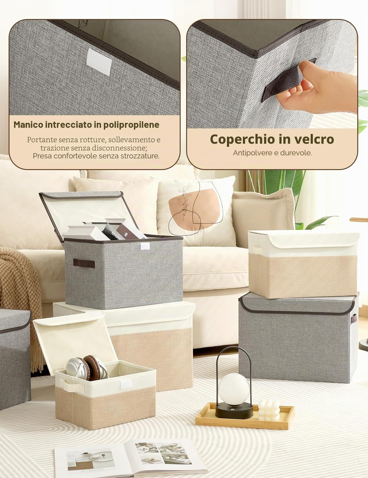 Bagnizer Scatole portaoggetti in tessuto con coperchi e manici, per vestiti, giocattoli, piccole scatole portaoggetti, pieghevoli, per armadio, camera da letto, ufficio, 37x24x24CM, 3 Pezzi, Beige