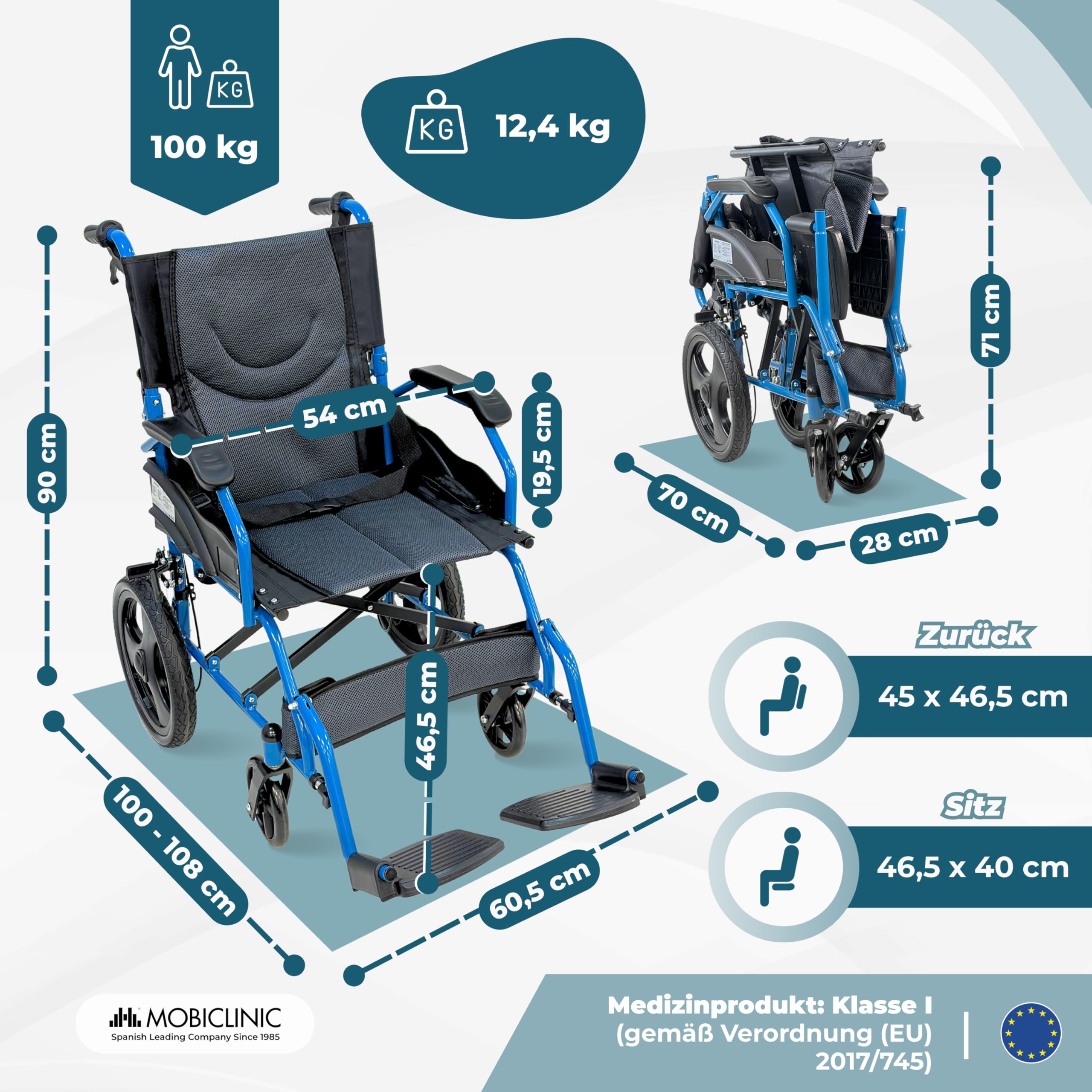 Mobiclinic®, Faltbarer Rollstuhl, Transportrollstuhl, Klappbare Rückenlehne, Klappbare Fußstützen, Doppel Bremssystem, Verstärkter Stahl, Bis 100 kg, Leicht und kompakt, Faraón