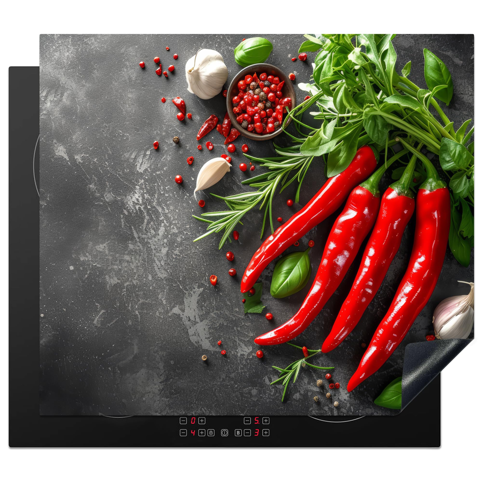 KitchenYeah© Herdabdeckplatte 60x52 cm Einteilig Ceranfeld Abdeckplatte für Induktionsschutz Ceranfeldabdeckung Vinyl Herdabdeckplatten Chilischoten - Beton - Knoblauch - Küche