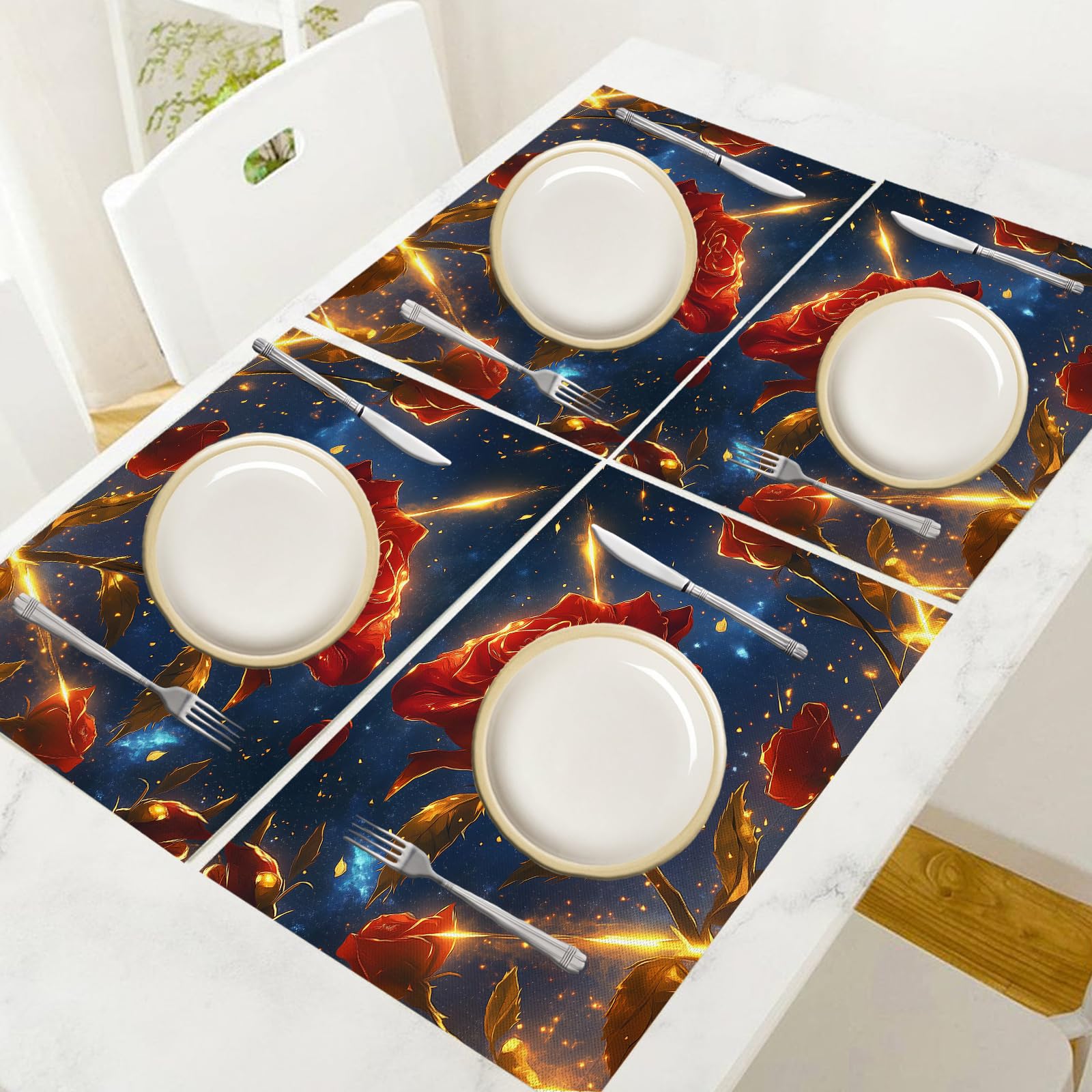 8 Pezzi Tovagliette Americana Cielo stellato - Tovaglietta Americane in Cotone e Lino Rose rosse e foglie dorate Lavabili Sottopiatto per Sala da Pranzo Tavolo da Cucina 45 ×30 cm
