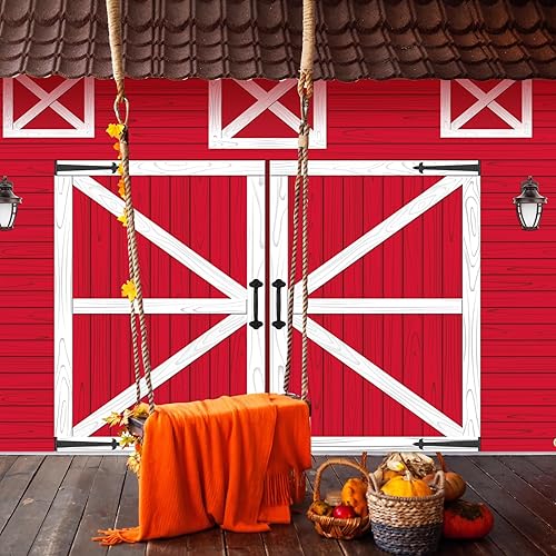 Miniatura 2 de Tranqun Telón de fondo rojo de 7 x 5 pies para puerta de granero de otoño, decoración de fiesta de granja, fondo de fotografía rústica occidental,