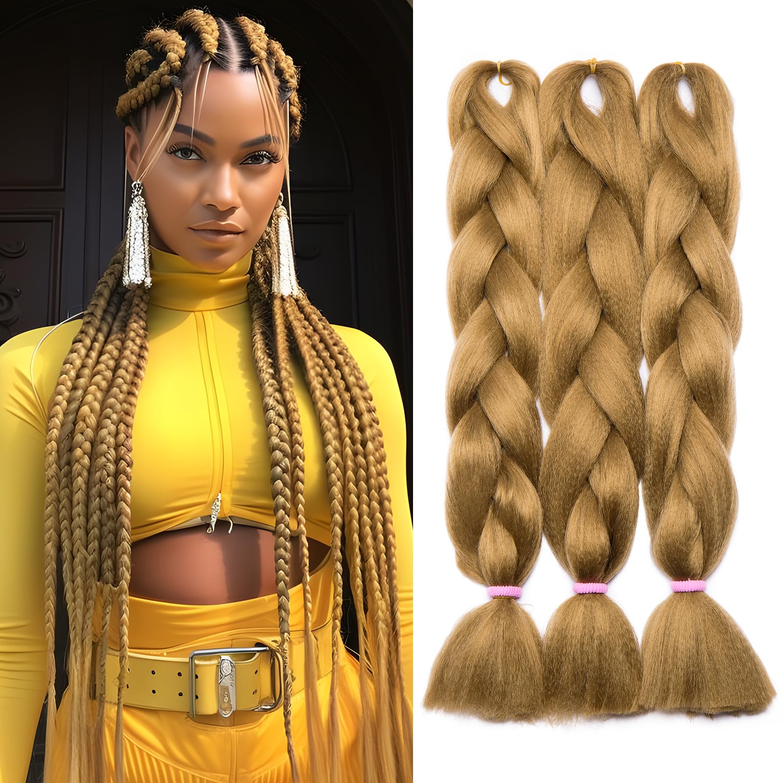 Benehair 3 Packs 24 Inch Braid Extensions Jumbo Box Braiding Hair for Twist Colorful Synthetic Hair Extensions for Braiding Dark Blonde Hair Extensions for Women(3 Packs