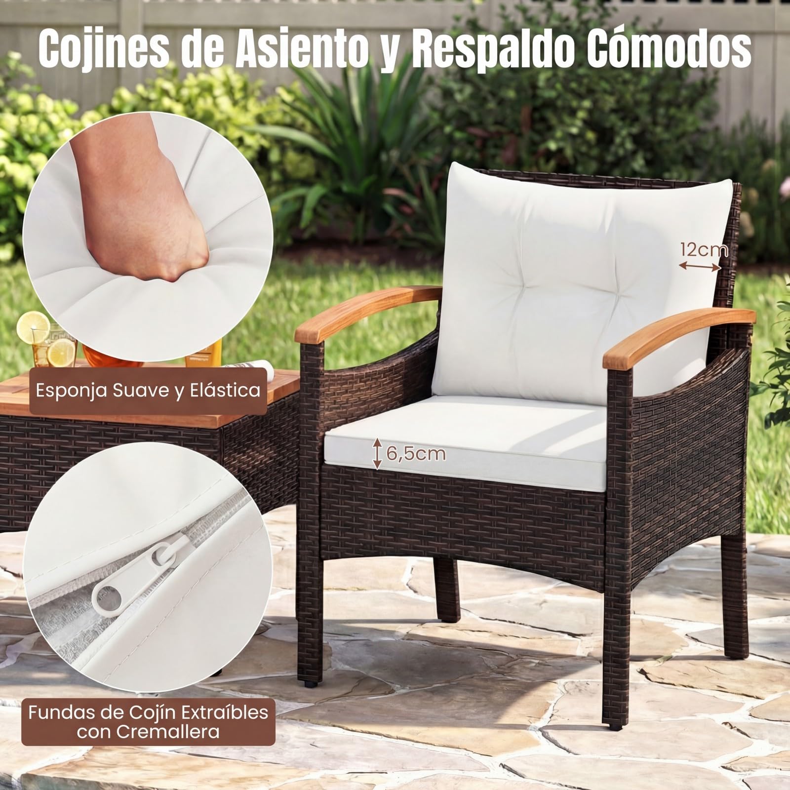 COSTWAY Conjunto Terraza 3 Piezas, Conjunto de Muebles Ratán de jardín, Mesa de Café, 2 Sillas de Ratón con Cojín Desmontable y Respaldo, Madera de Acacia para Patio, Piscina, Balcón (Blanco)