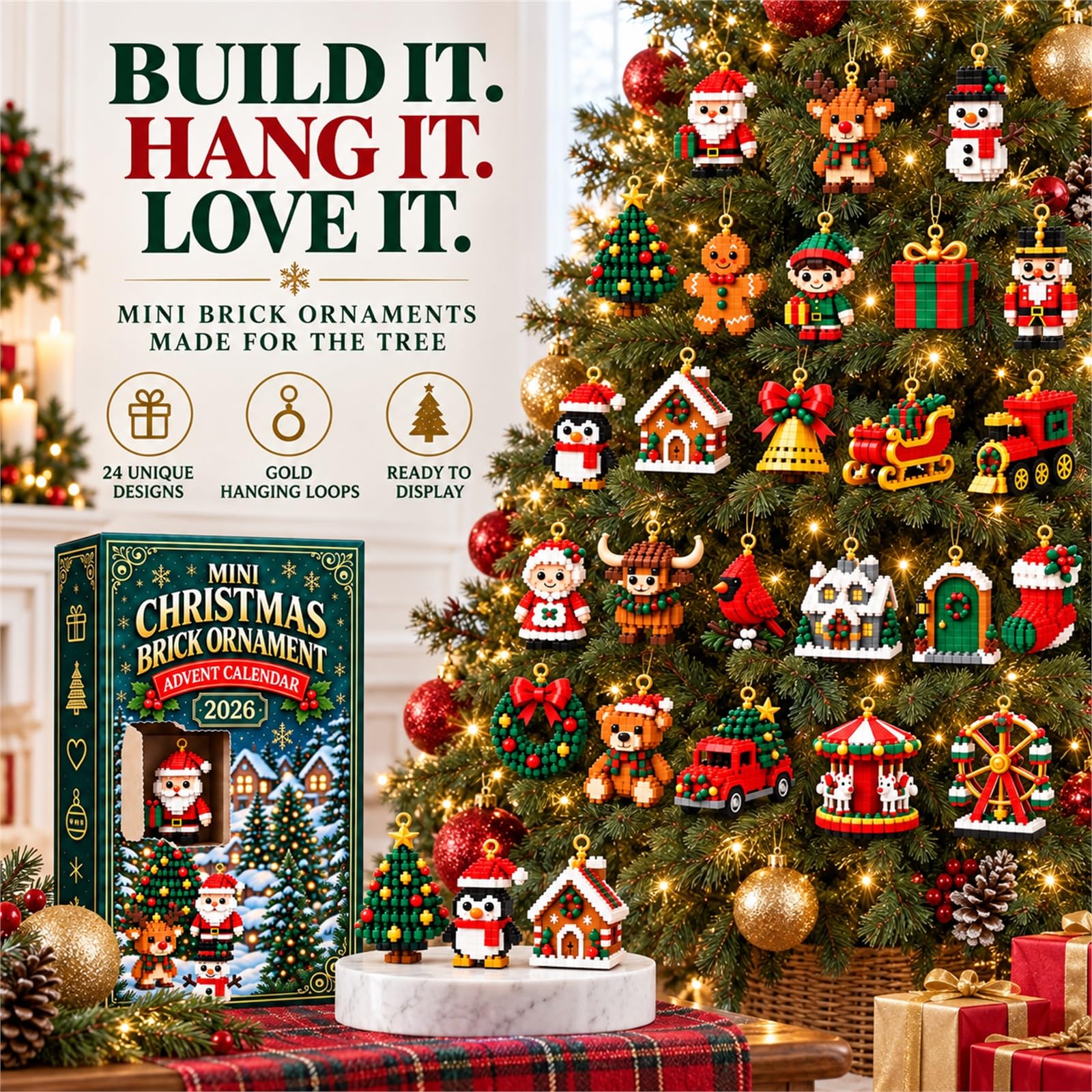 24-Day Mini Calendario de Adviento de Bloques Navideños, Orname