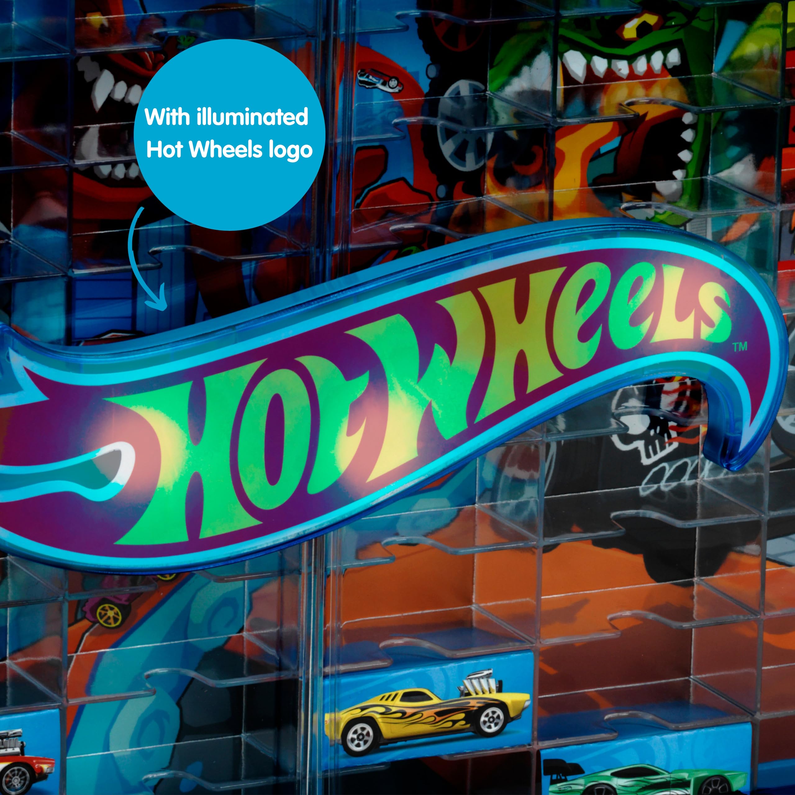 Theo Klein 2408 Hot Wheels Valise-Vitrine de Collection, Espace pour 54 Voitures, Logo Hot Wheels Lumineux, avec poignée de Transport Pratique, Jouet pour Enfants à partir de 3 Ans