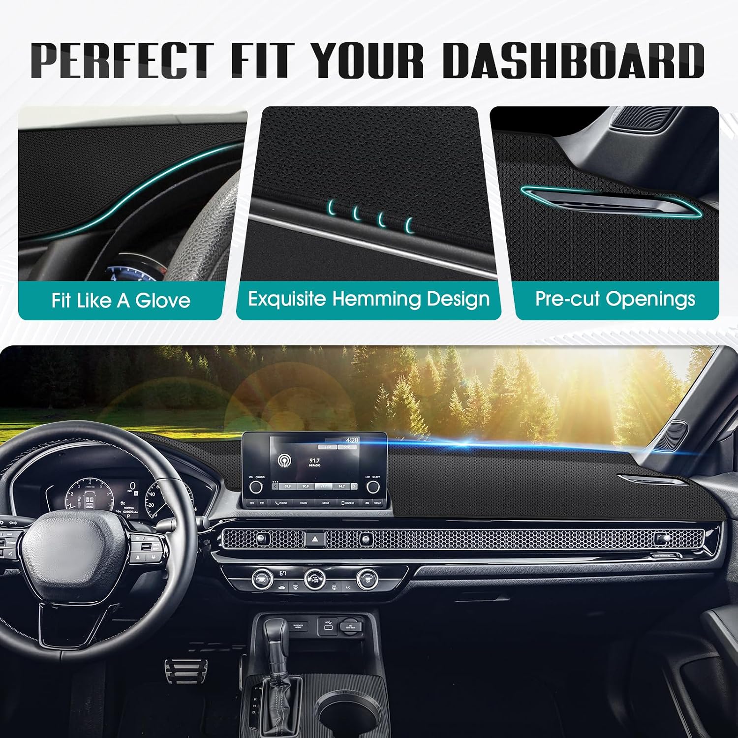FIILINES Dash Cover for 2022-2025 Honda Civic, Dashboard Mat Accessories Dash Cover Sunshade Nonslip Mesh Protector No Glare Black