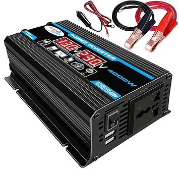 Andoer Modified Sine Wave Inverter High Frequency 4000W Peak Power Watt Power Inverter DC 12V to AC 220V Converter Car Power Charger Inverter with 2.1A Dual USB Port Battery Clips Display Screen
