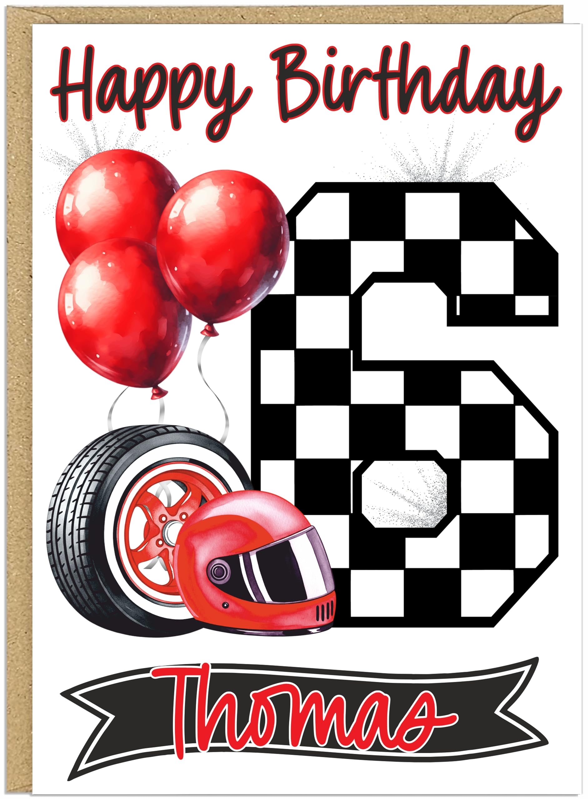 Chequered Flag Personalised Racing Birthday Cards for Boys - Custom Ages 4-9 & Own Customised Name - Happy Birthday Checkered Number Design A5 Cards (Age 6)