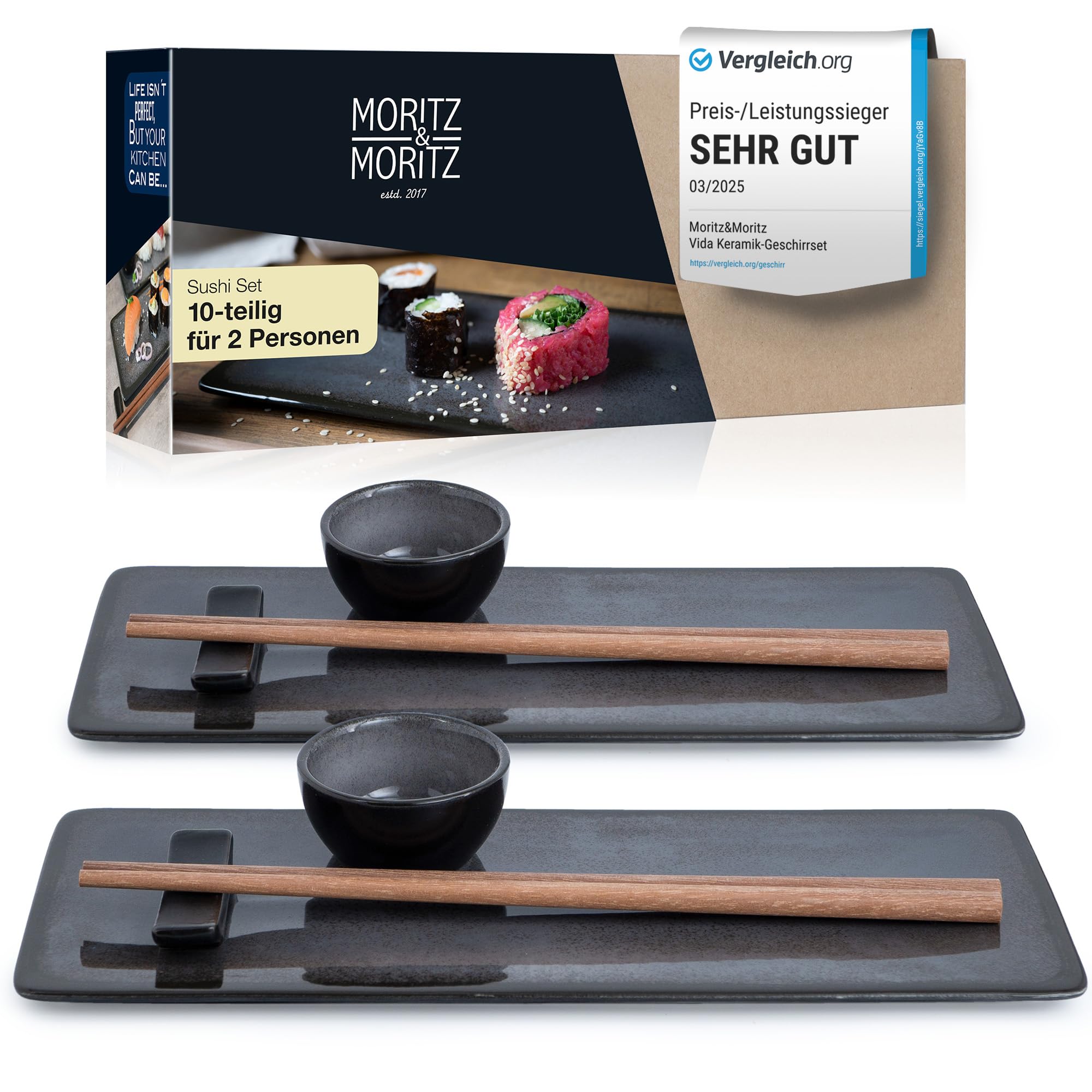 Moritz & Moritz VIDA 10-tlg. Sushi Geschirr Set für 2 Personen - Sushi Servierset mit 2x Sushi-Teller, Dip-Schälchen und Stäbchen