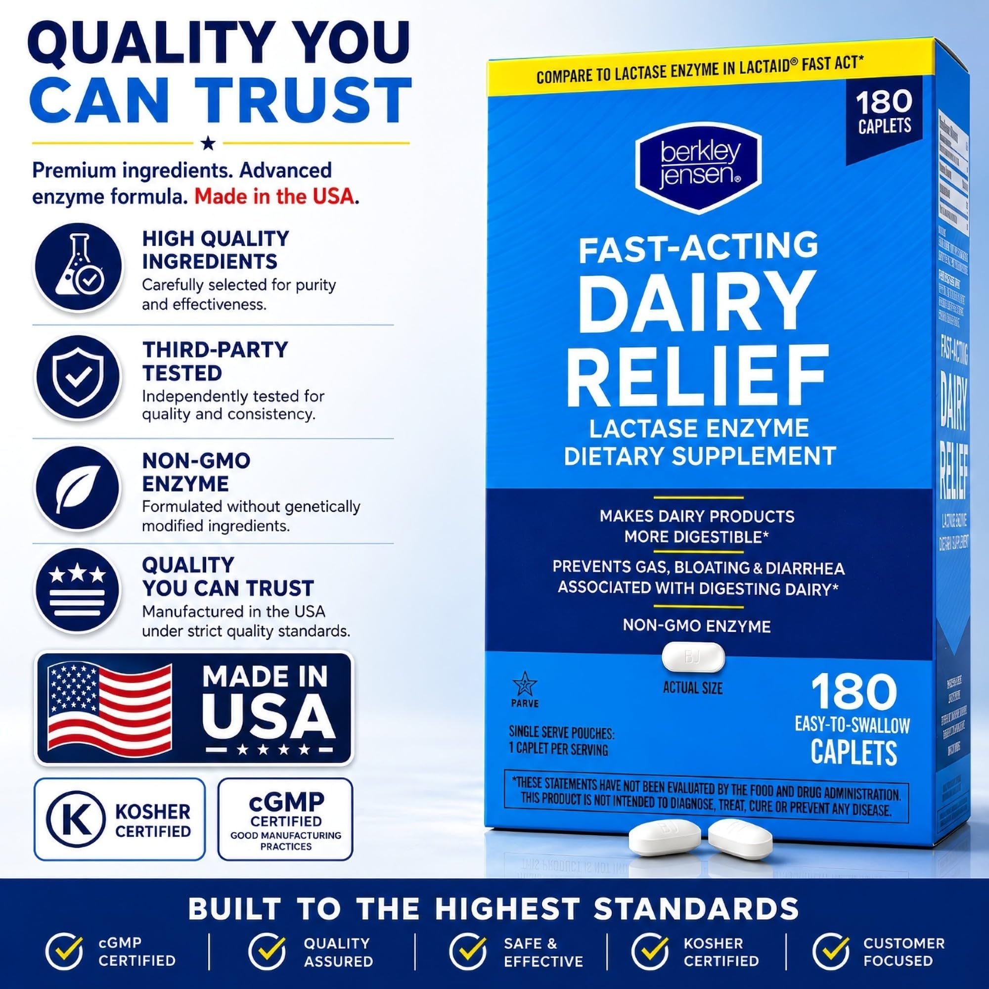 berkley jensen Maximum Strength Fast Acting Lactase Enzyme 9000 FCC - Natural Dairy Relief Digestive Supplement - Helps Prevent Bloating, Gas, Loose Bowels Due to Lactose Intolerance, 180 Tablets — Amazon image 3