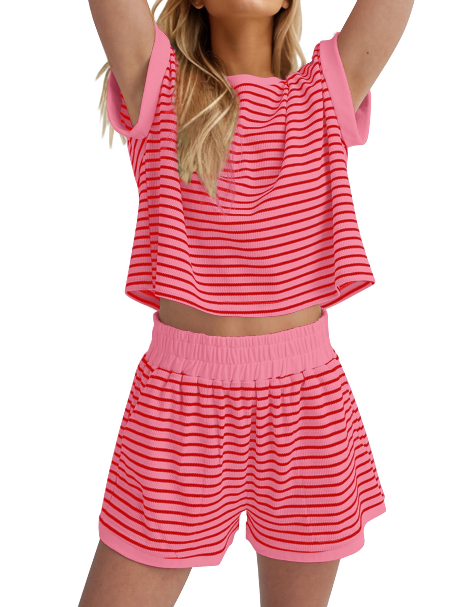 Burtell Women Summer 2 Piece Lounge Sets Striped Short Sleeve Tee Shirts Mini Shorts Loungewear Shorts Set Ribbed Pajama Set