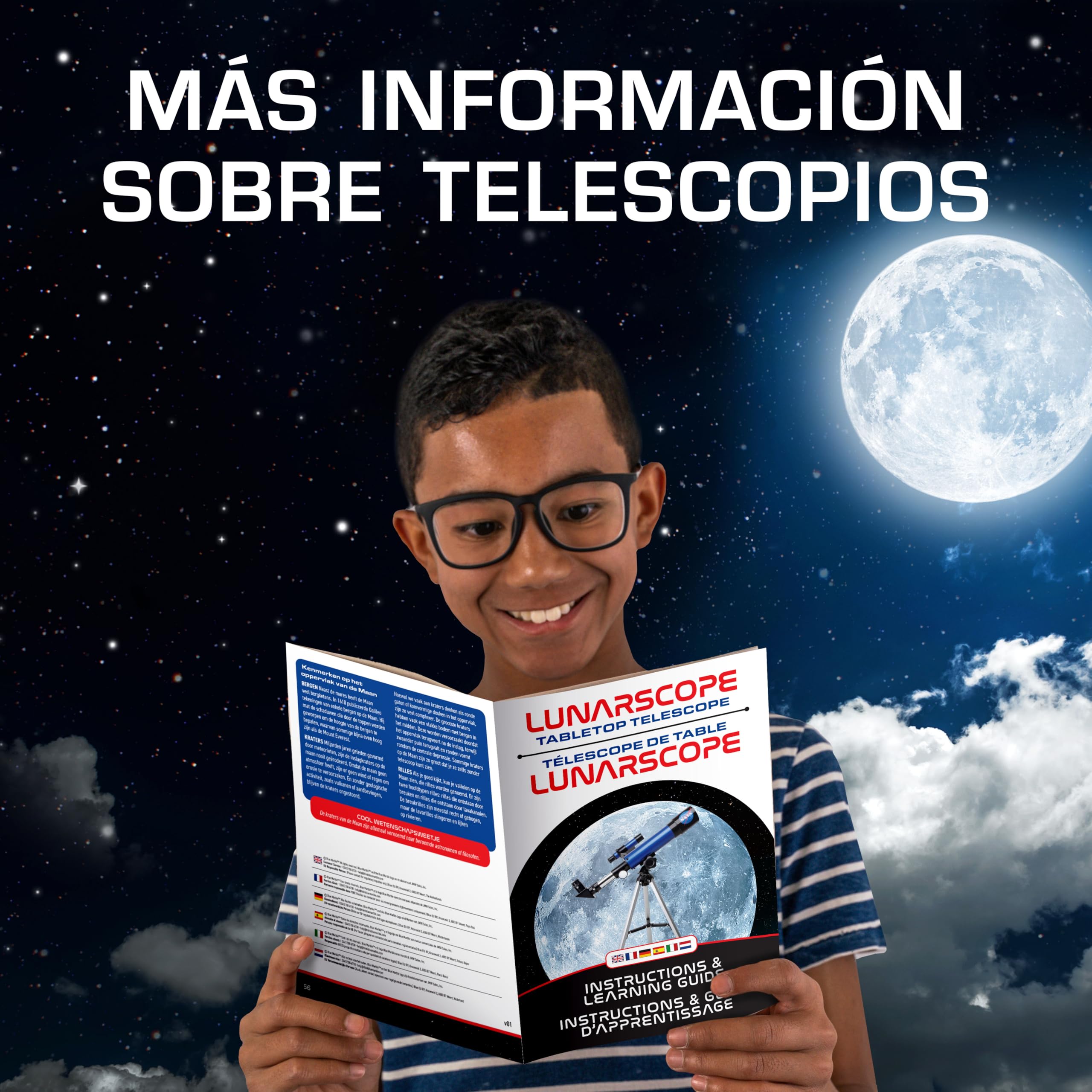 Blue Marble Telescopio Lunar NASA para Niños – 90x de Aumento, Incluye Dos Oculares, Trípode de Mesa y Buscador, Telescopio Infantil para la Luna, Astronomía y Espacio