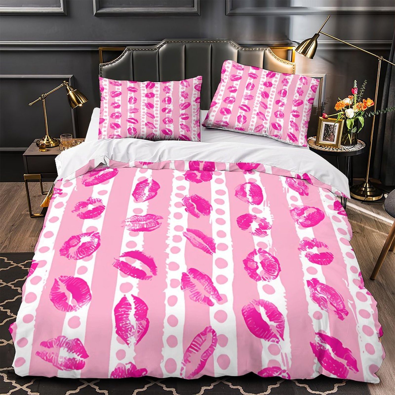 Parure de lit motif floral rose imprimé 3D en microfibre pour lit Super King 260x220 cm