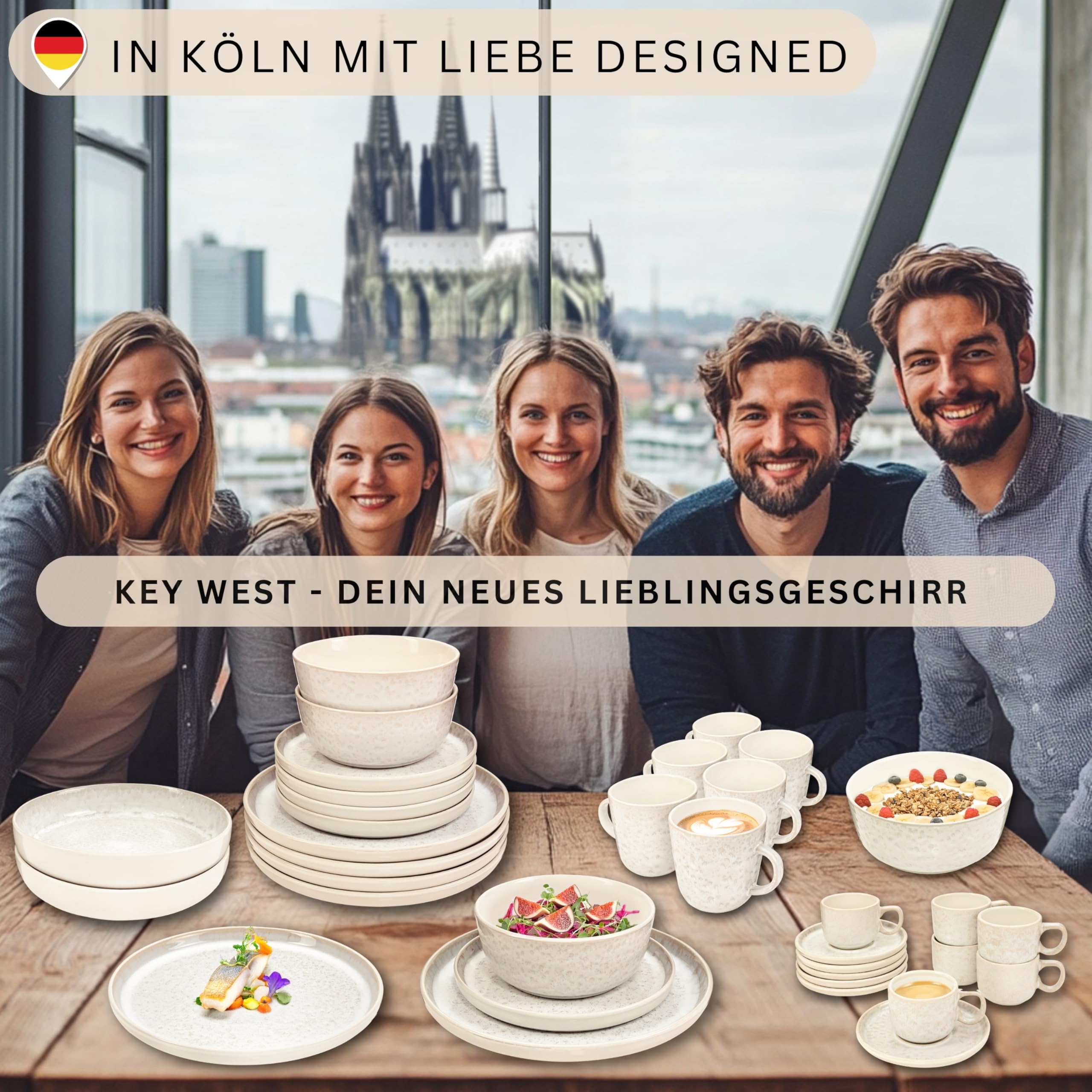 SÄNGER Key West 18-częściowy zestaw naczyń z kamionki, zestaw talerzy dla 6 osób, 6 x talerze obiadowe, 6 x miseczki do musli, 6 x talerze deserowe, serwis stołowy kremowy z piaskowym rysunkiem słojów
