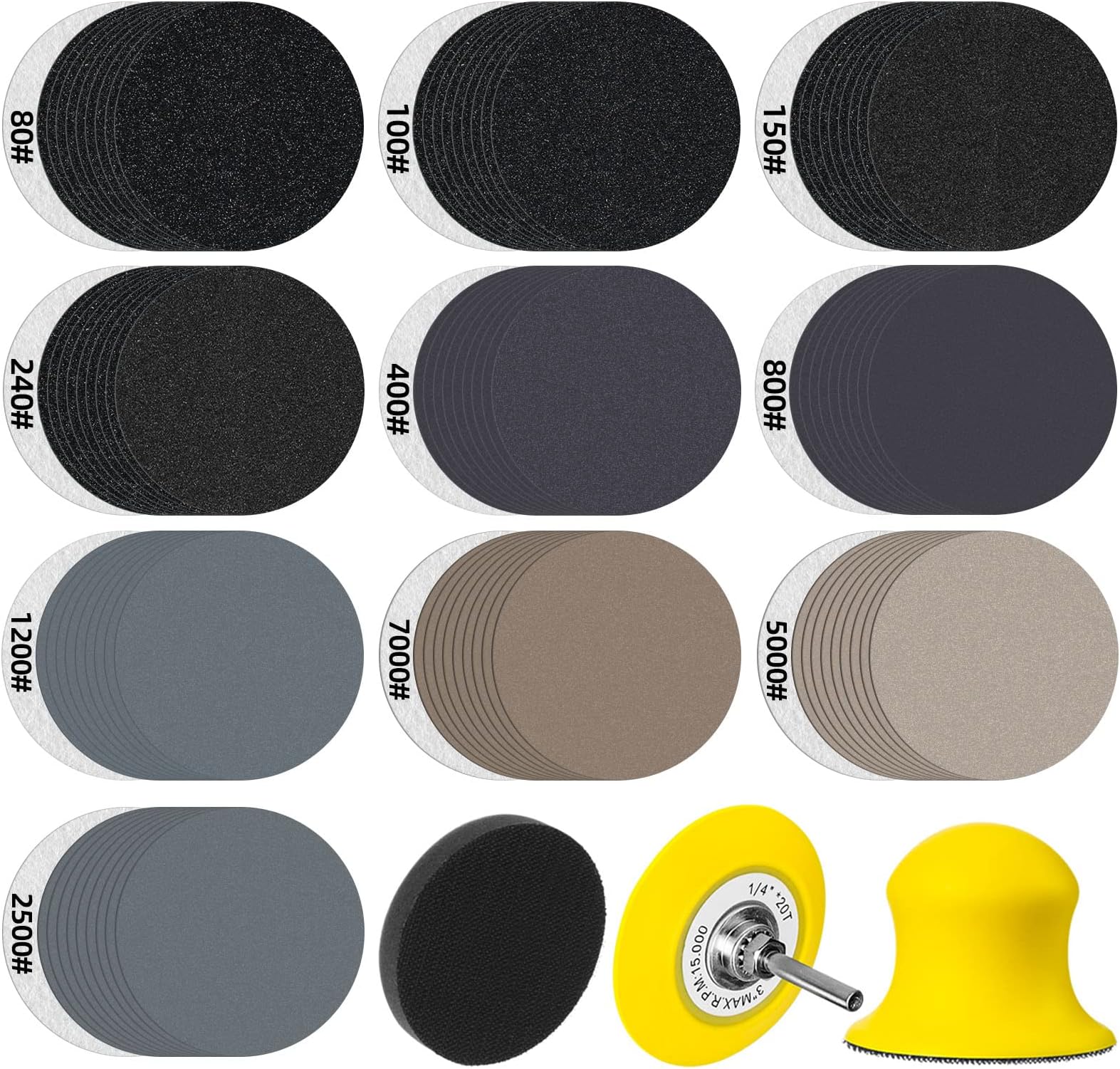 100PCS 3 Inch Sanding Discs Assorted 80-7000 Grits 3” Wet/Dry Sander Pads with 1/4” Shank Backing Plate and Hook & Loop Soft Foam Buffering Pad for Drill Grinder Rotary Tools Attachment
