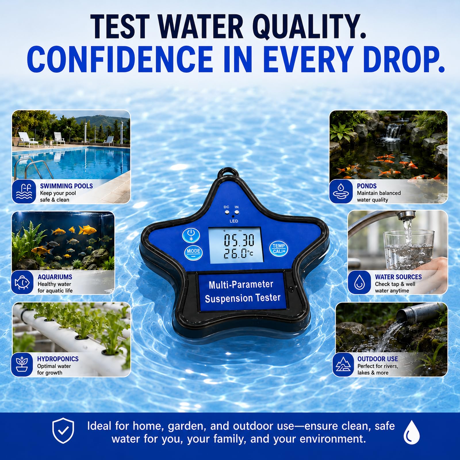 Tester Qualité Eau Flottant 9-en-1 | Moniteur Piscine & Hydroponie pH, ORP, CL, EC, CF, TDS, Sel, S.G. & Temp | Design Flottant Rechargeable avec Écran LCD Rétroéclairé & Suivi par Appli