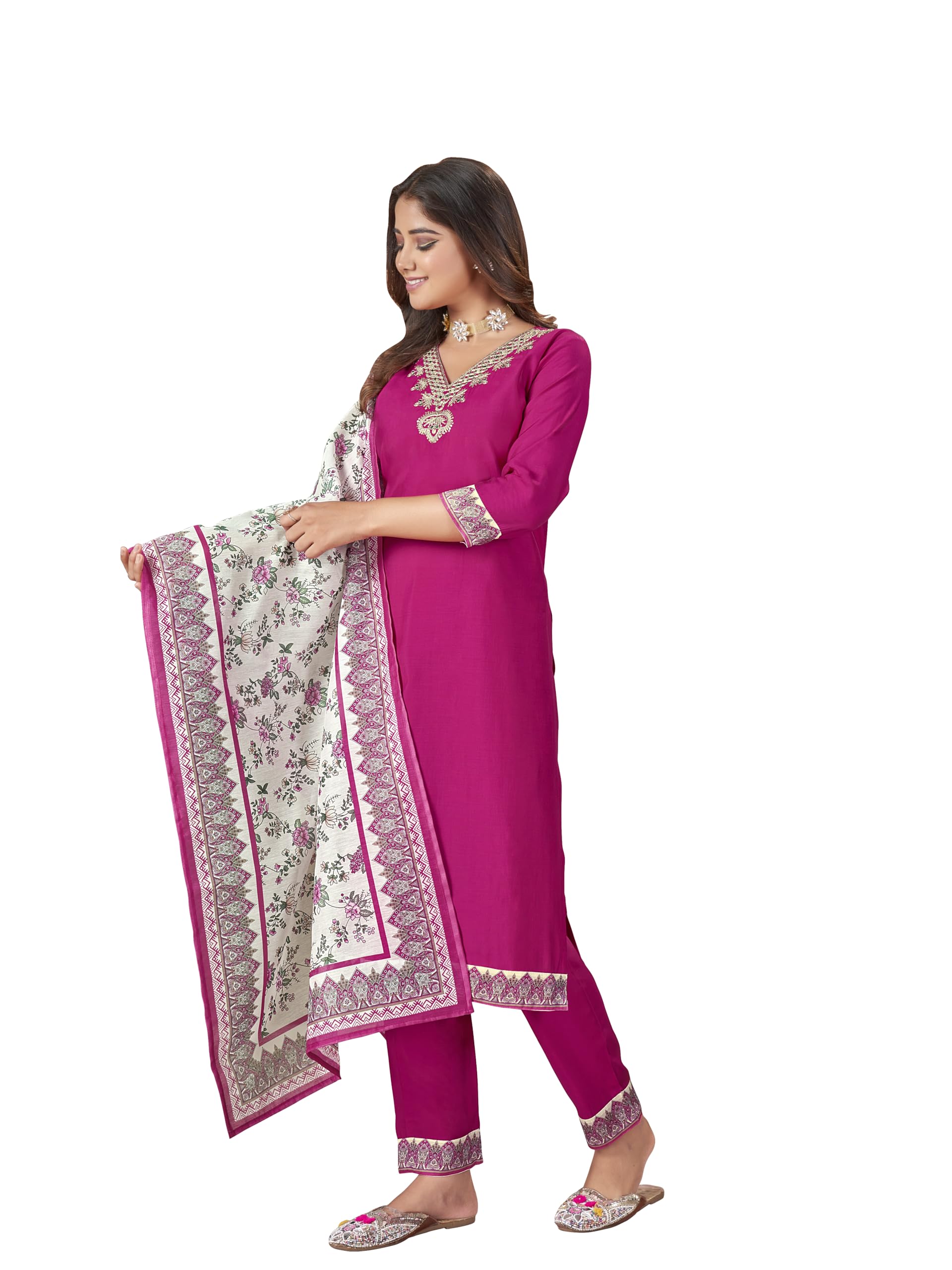Stylum Women's Magenta Solid & Embroidered Silk Straight Kurta Pant Dupatta Set