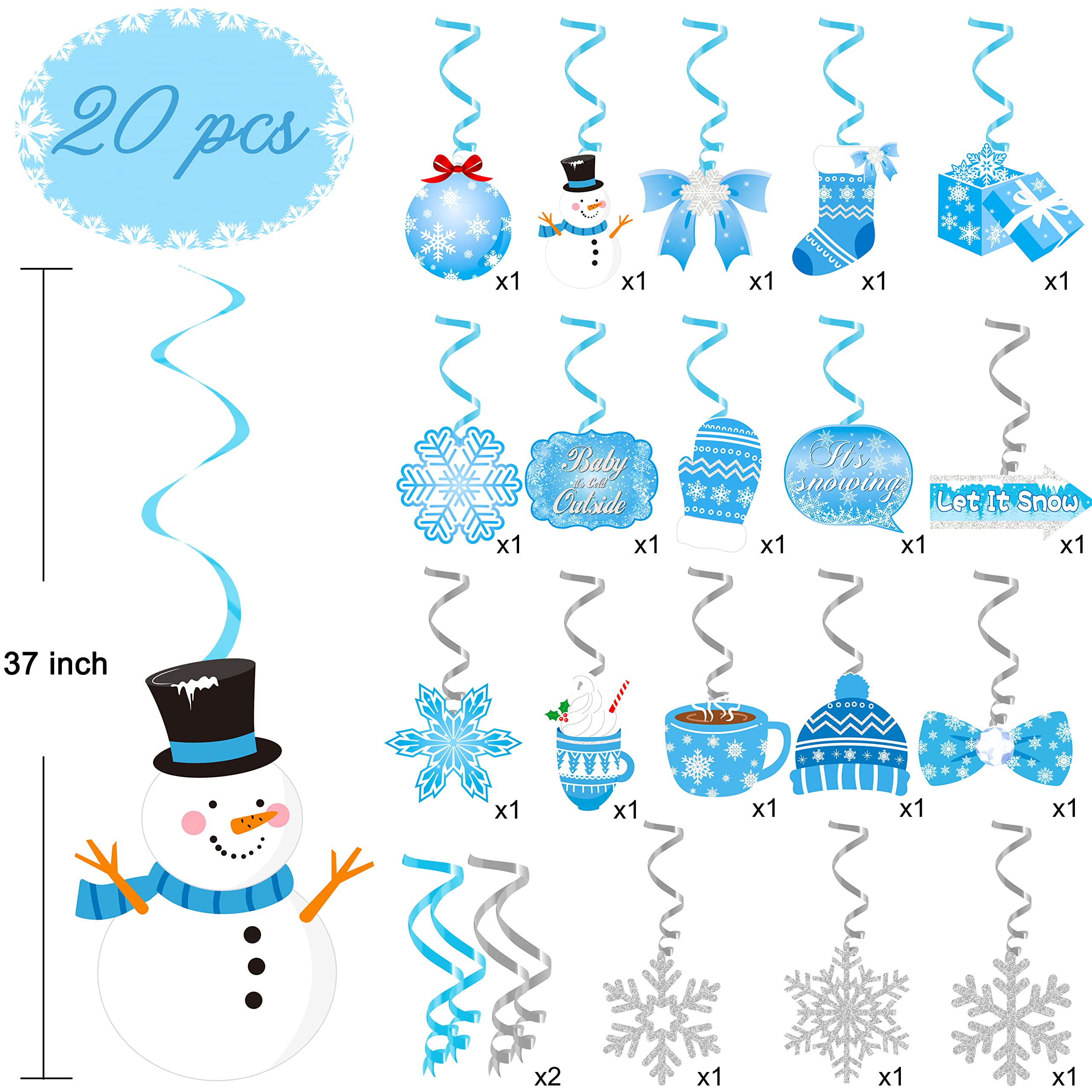 20pcs Winter Wonderland Hanging Swirls Snow Snowflake Snowman Foil Ceiling Decorations for Frozen Winter Theme Baby is Cold Outside Party It's Snowing Party Supplies