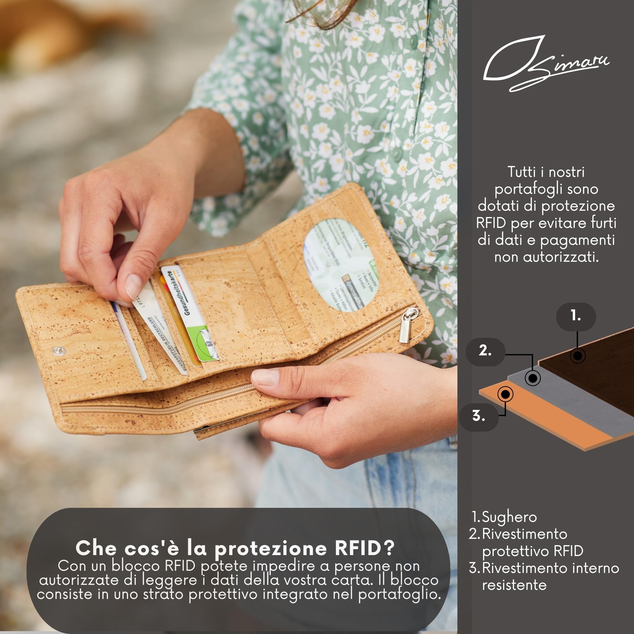 Simaru Portafoglio da donna, in sughero, vegano, da donna, per 9 carte, protezione RFID, scomparto per banconote e monete (Turchese)