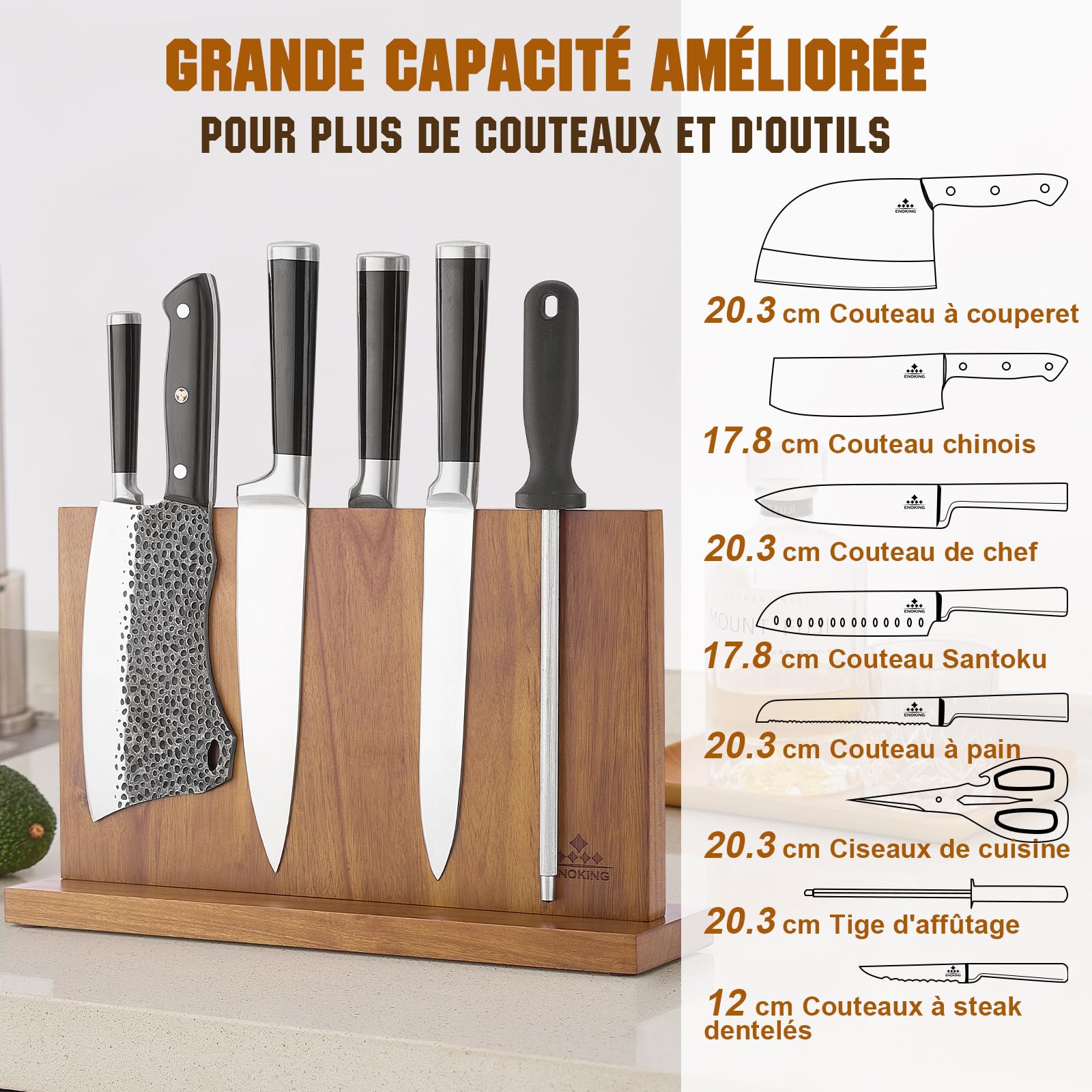 ENOKING Grand Bloc à Couteaux Magnétique 38,6 x 23 cm, Double Face Porte Couteaux Aimanté, Bloc Couteaux Cuisine en Bois d'Acacia, Range Couteau de Cuisine avec Aimant Puissant