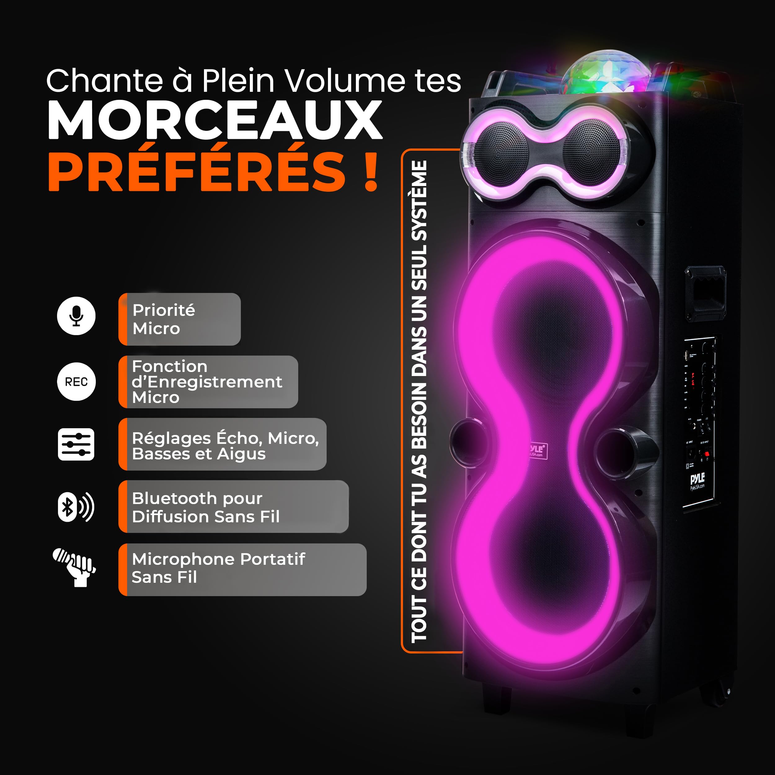 Pyle Enceinte Bluetooth Karaoké 240 W, Sono Portable, Double Haut-Parleur, Enceinte Bluetooth Puissante avec Micro sans Fil USB/SD/AUX/FM, Éclairage LED, Fêtes Extérieures et Intérieures
