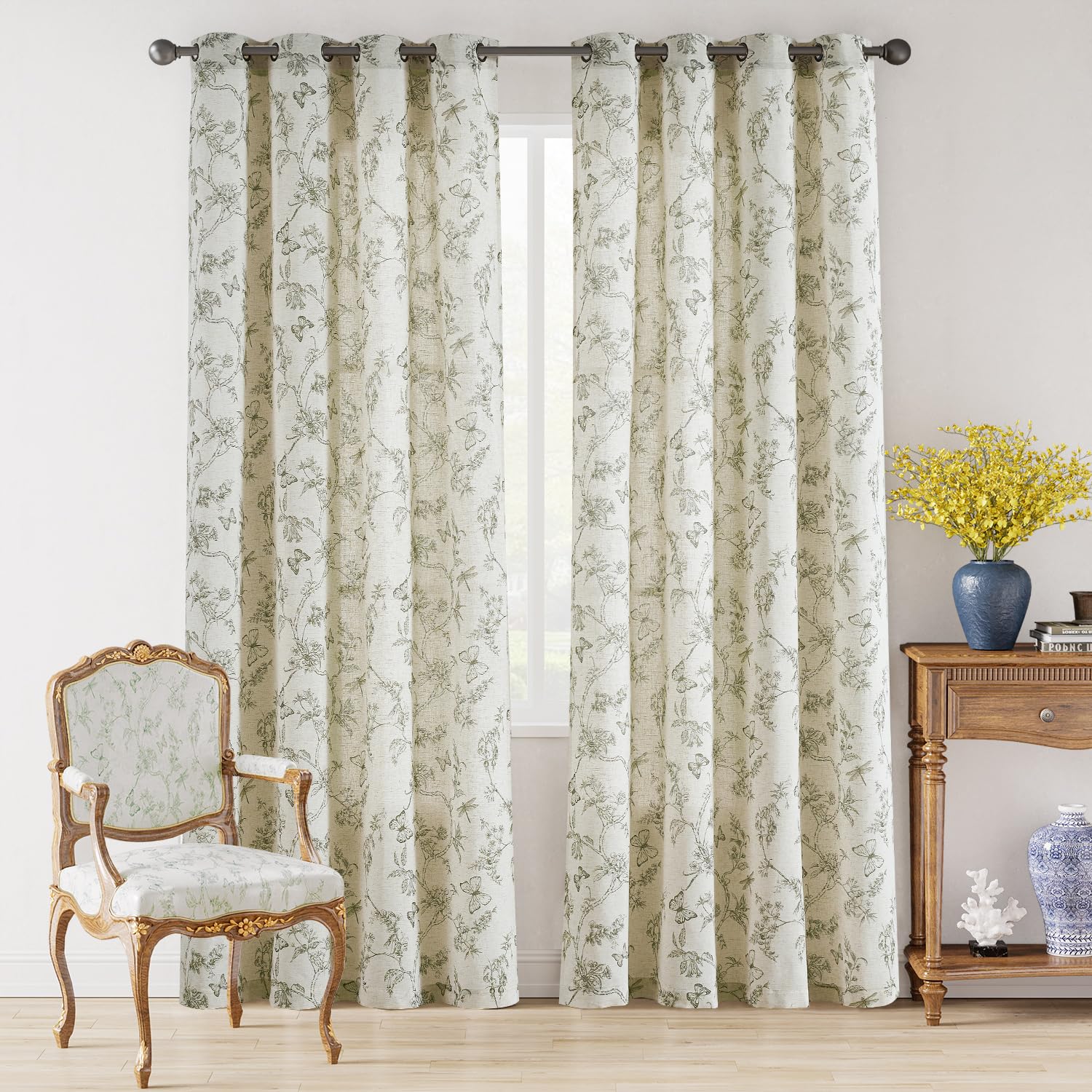 Green Floral Linen Curtains - Cottage Style -2 Green Floral Linen Curtains - Cottage Style -2
