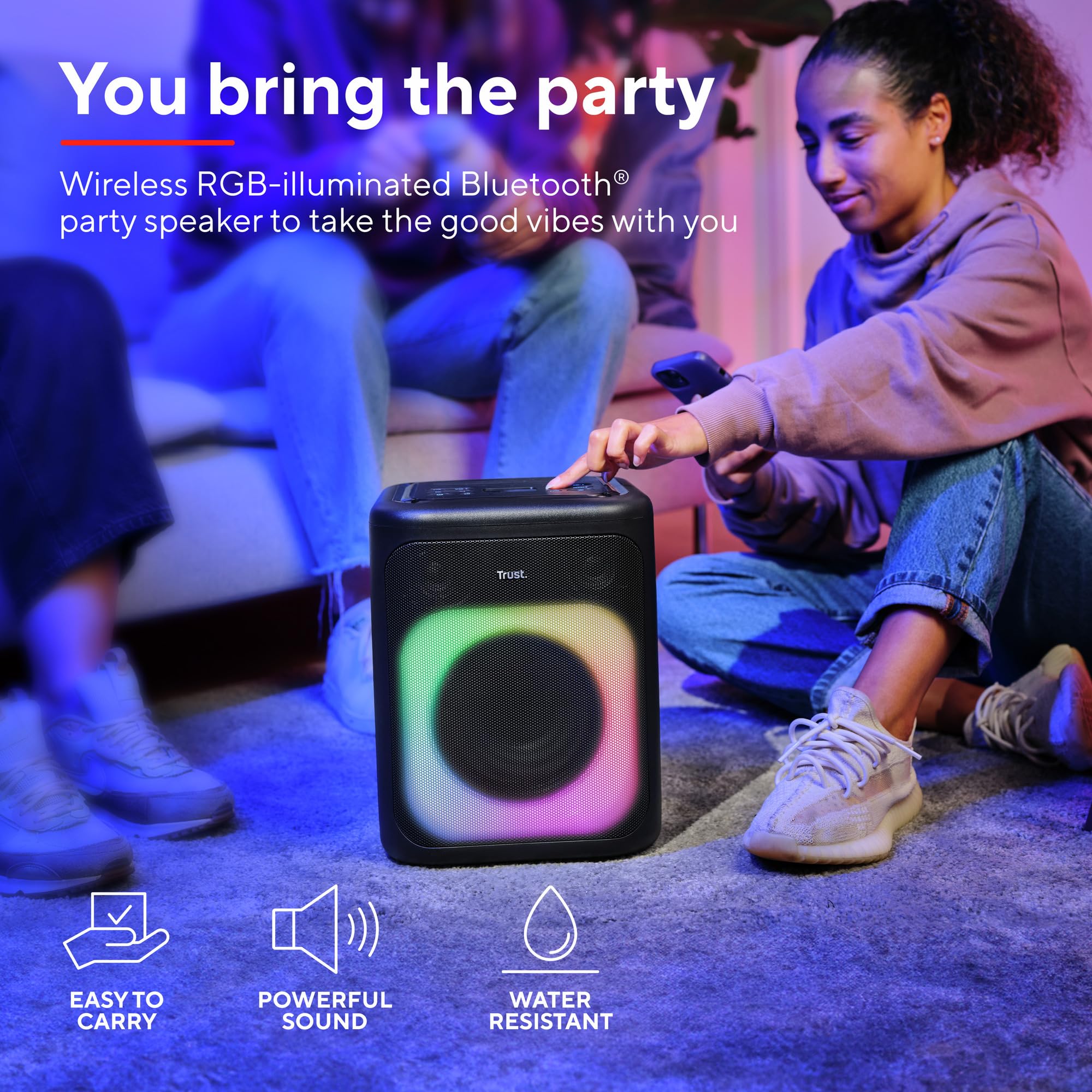 Trust Azura Cassa Bluetooth Portatile 100W per Feste, Altoparlante Bluetooth LED RGB Wireless Party Speaker Intemperie IPX4, Batteria Ricaricabile 11 Ore, 2 Ingressi per Microfono Karaoke - Nero